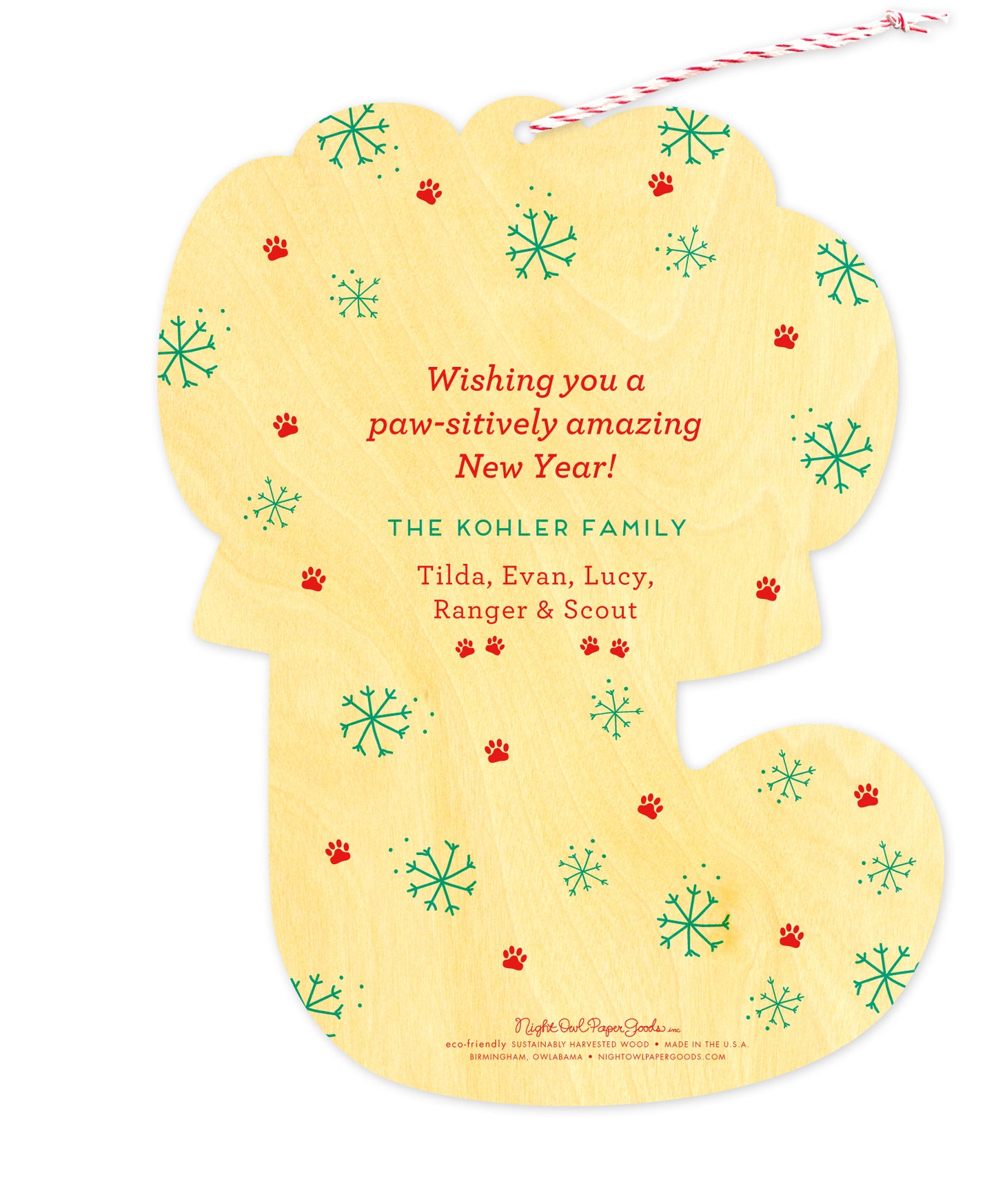 Back of customizable die-cut wood Christmas ornament card with snowflakes, paw prints and a personal message.