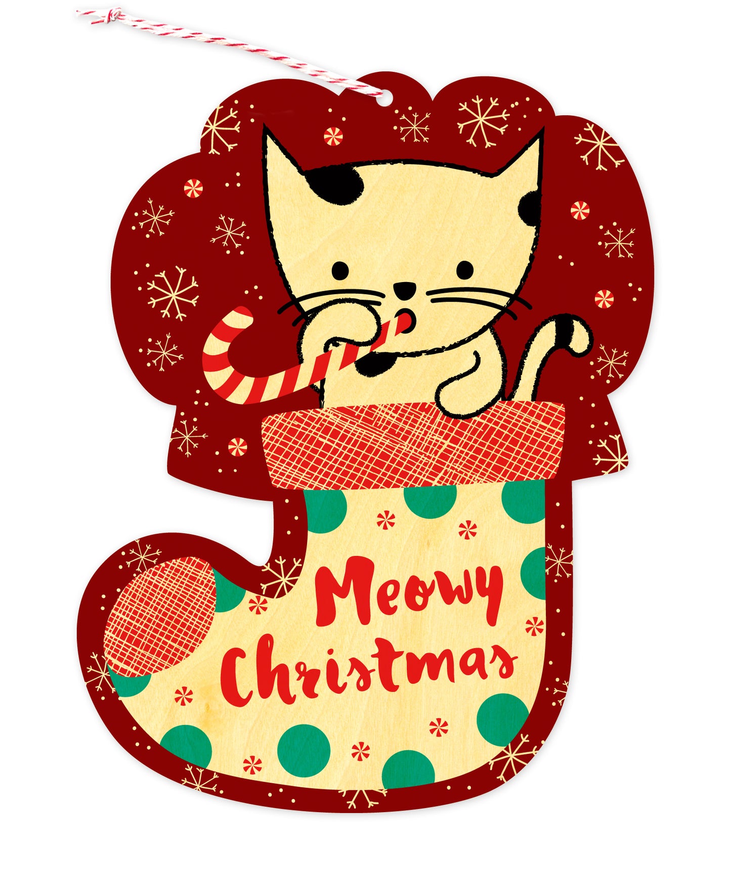 Front of die-cut wood holiday ornament card featuring a cat in a festive stocking with "Meowy Christmas" text on a natural birch wood background.