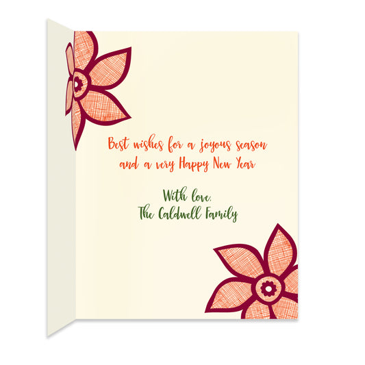 Inside of folded holiday card with coordinating poinsettia designs and a personal greeting.