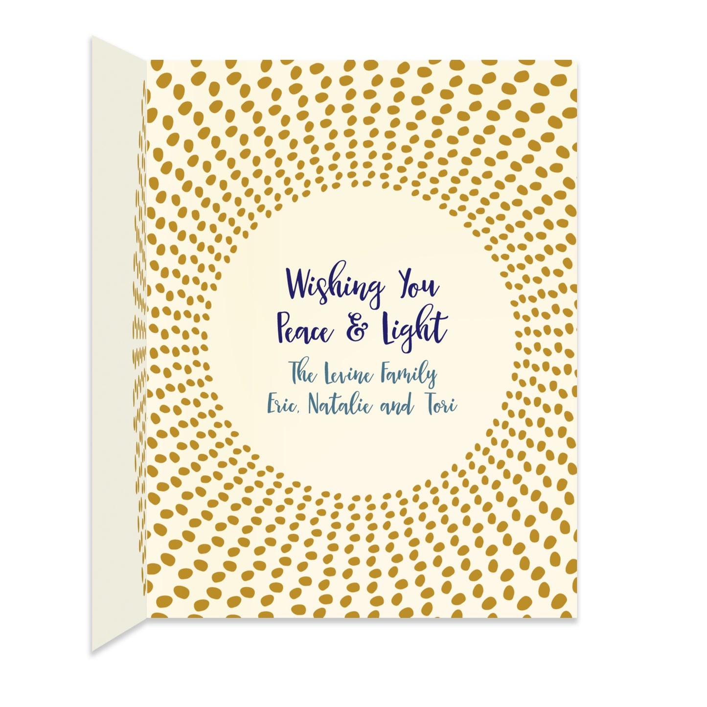 Inside of folded Hanukkah card with coordinating radiant gold dot design and a personal greeting.