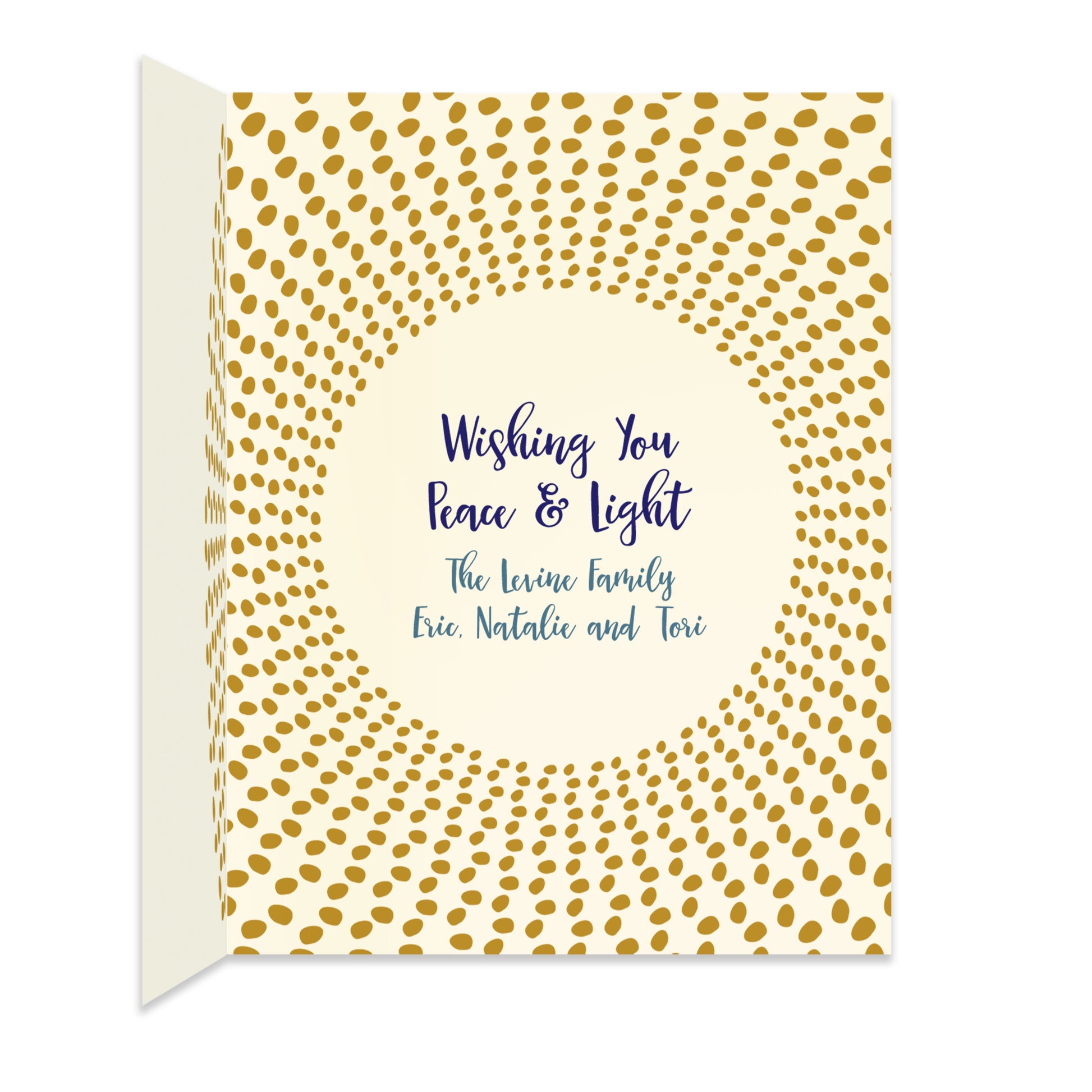 Inside of folded Hanukkah card with coordinating radiant gold dot design and a personal greeting.