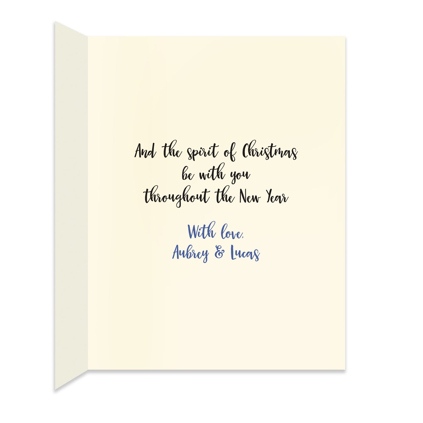 Inside of folded holiday card with personal greeting in coordinating black and blue colors.