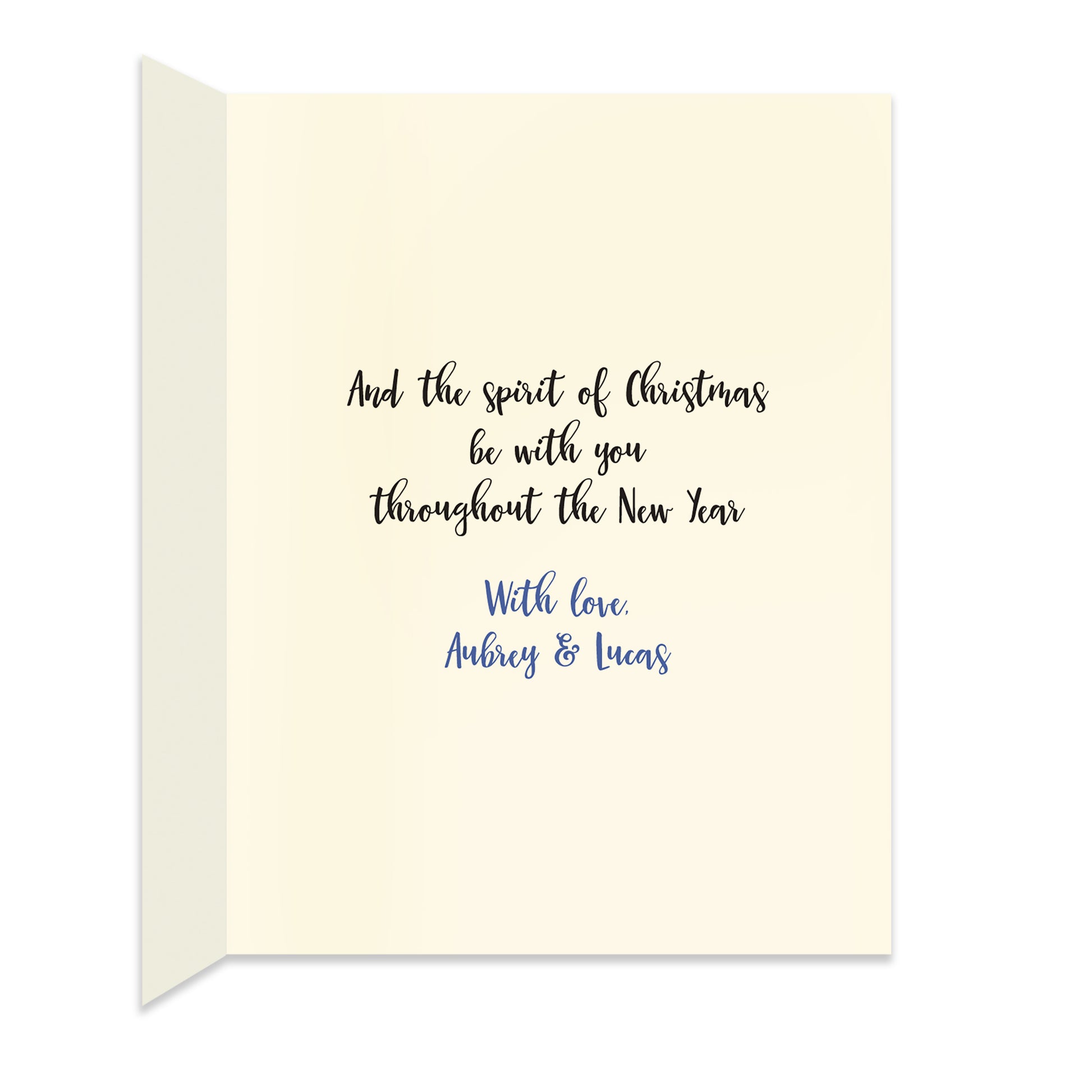 Inside of folded holiday card with personal greeting in coordinating black and blue colors.