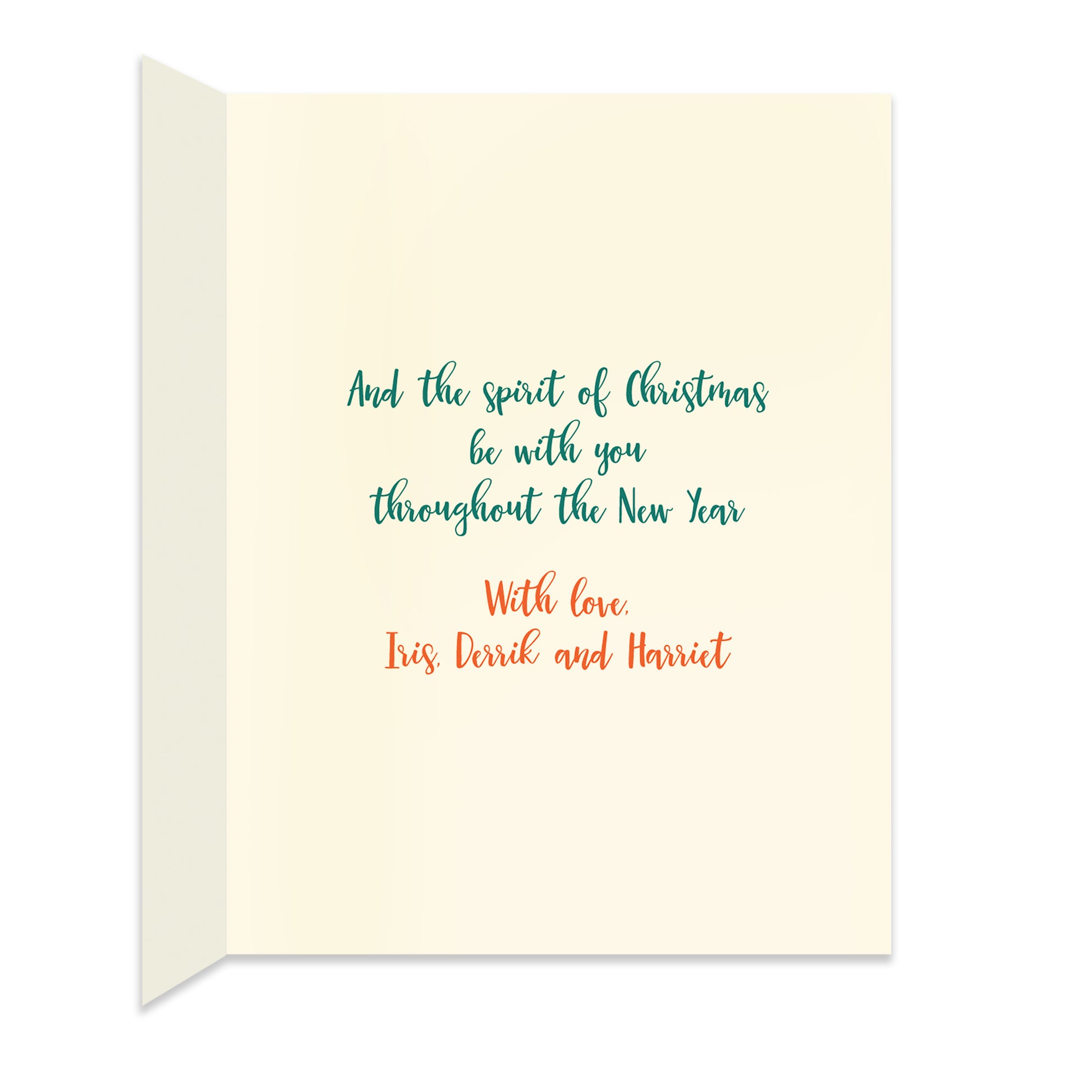 Inside of folded holiday card with personal greeting in colors that coordinate with the design on the front of the card.
