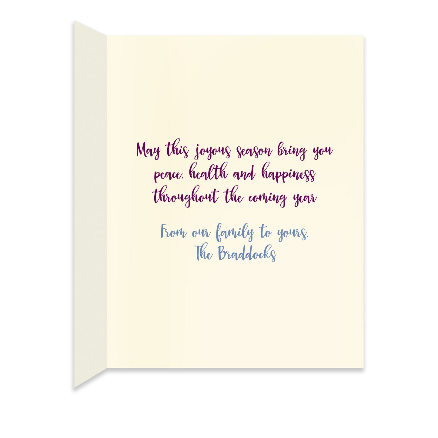 Inside of customizable folded holiday card with personal greeting in colors and font that coordinate with the design on the front of the card.