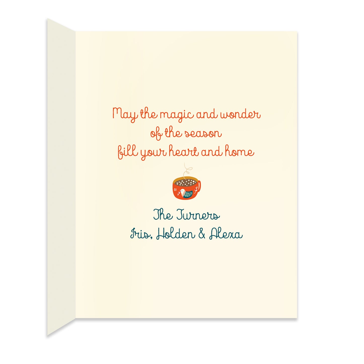 Inside of folded holiday card with coordinating design and a personal greeting.