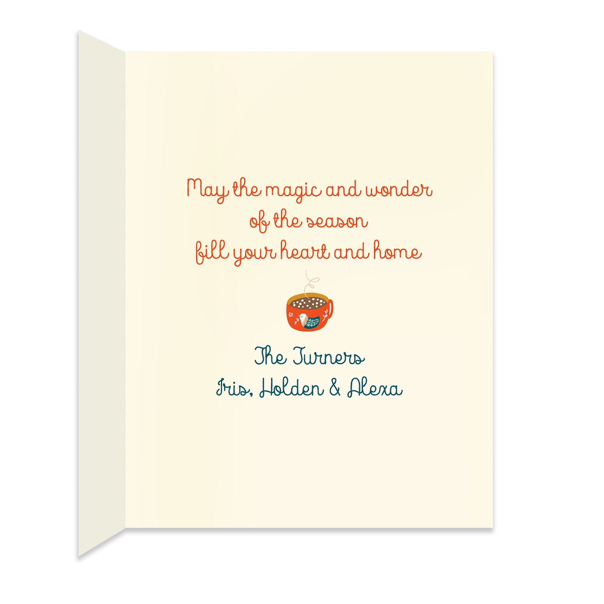 Inside of folded holiday card with coordinating design and a personal greeting.
