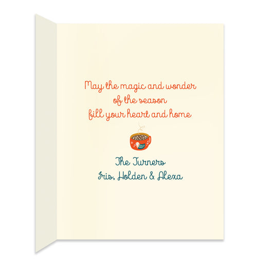 Inside of folded holiday card with coordinating design and a personal greeting.