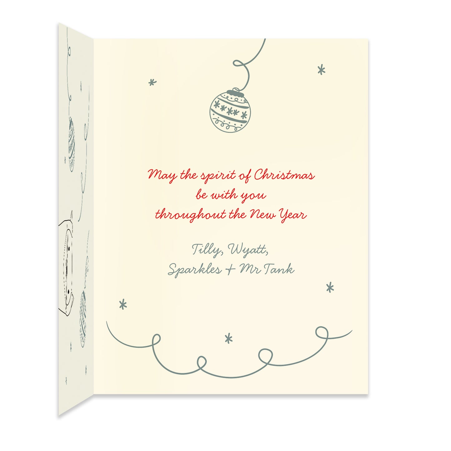 Inside of folded holiday card with coordinating illustrated ornament design and a personal greeting.