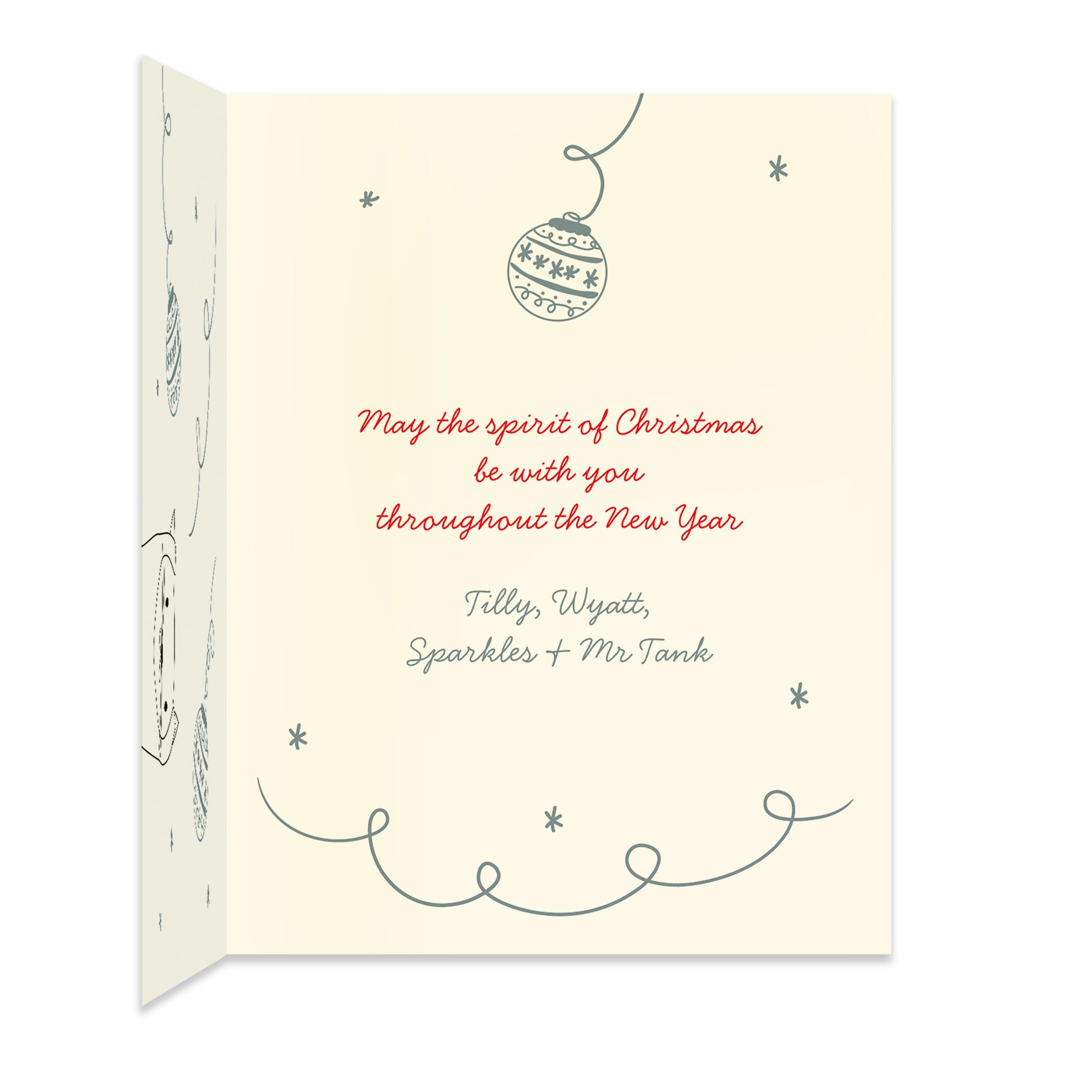 Inside of folded holiday card with coordinating illustrated ornament design and a personal greeting.