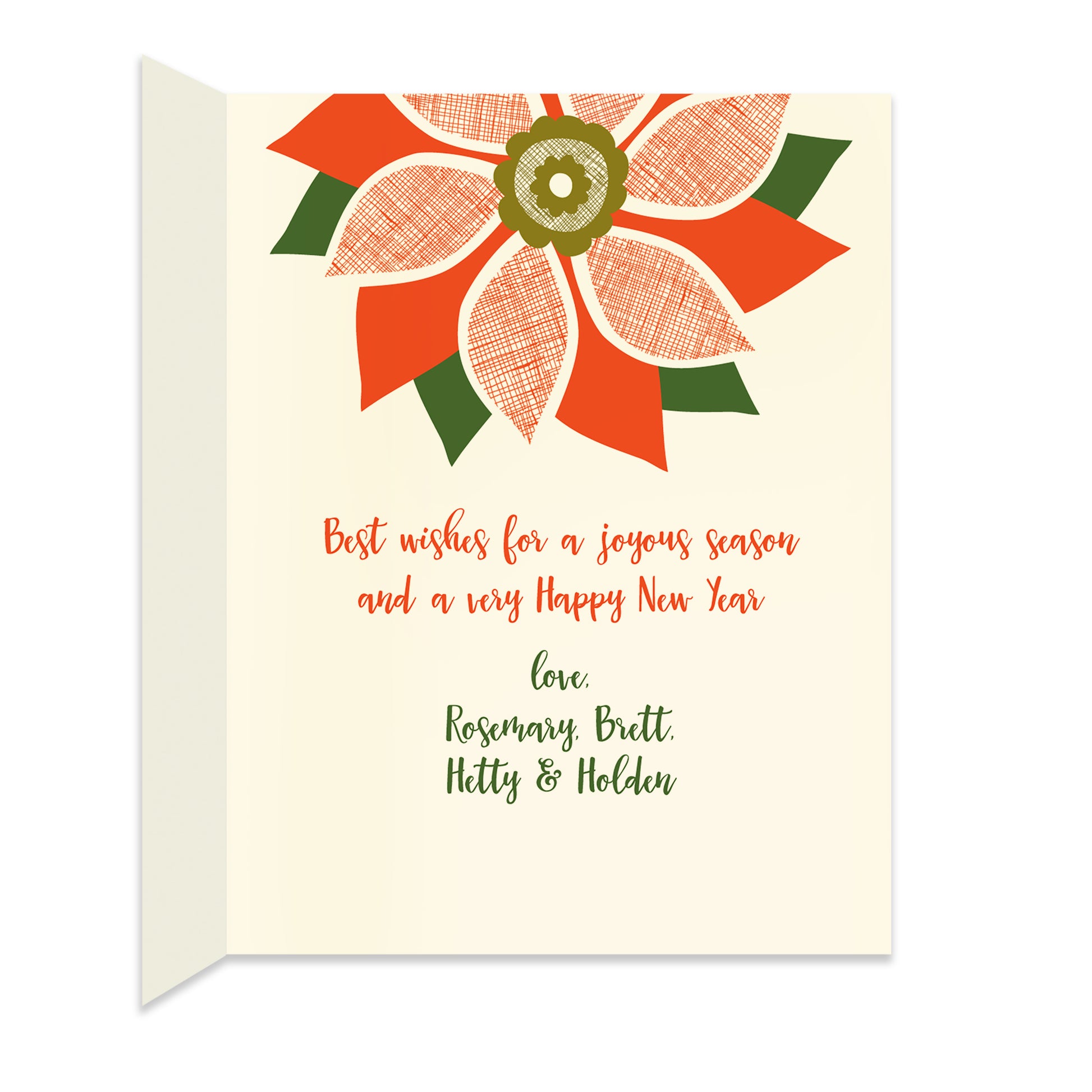 Inside of folded holiday card with coordinating poinsettia design and a personal greeting.