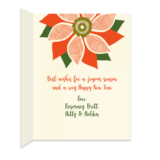 Inside of folded holiday card with coordinating poinsettia design and a personal greeting.