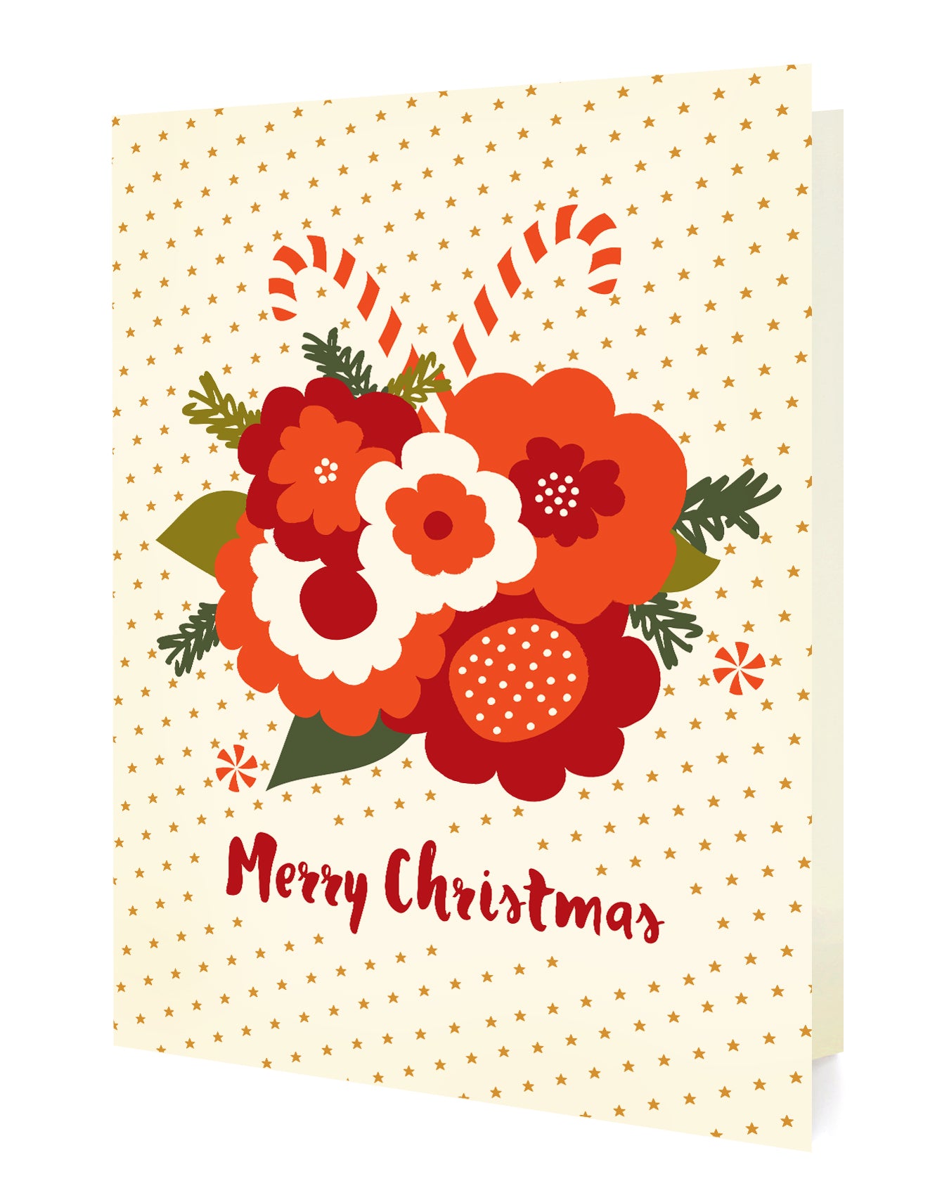 Front of a folded holiday card with a festive flower and candy cane bouquet and "Merry Christmas" text on a beige background sprinkled with gold stars.