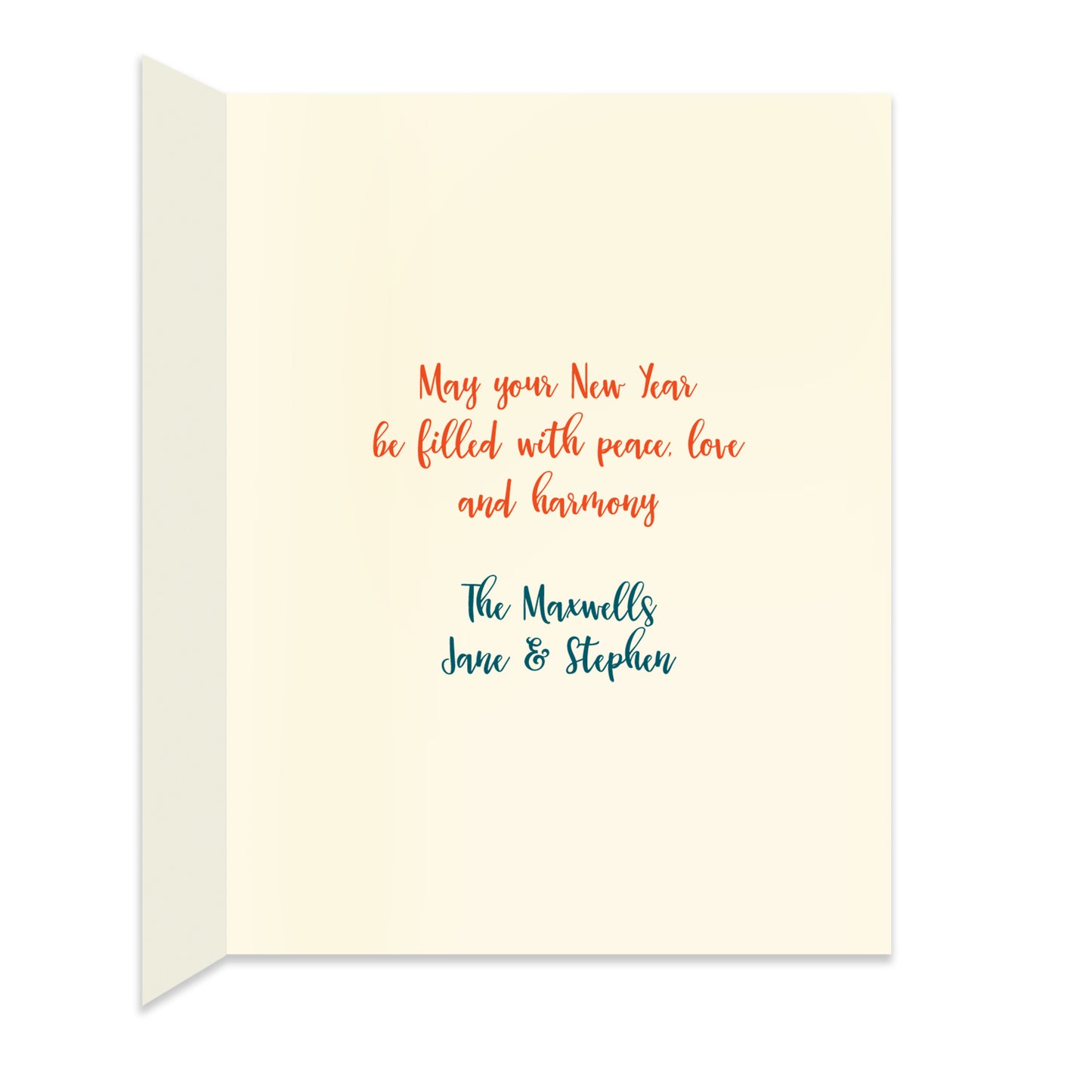 Inside of folded holiday card with personal greeting in colors that coordinate with the design on the front of the card.