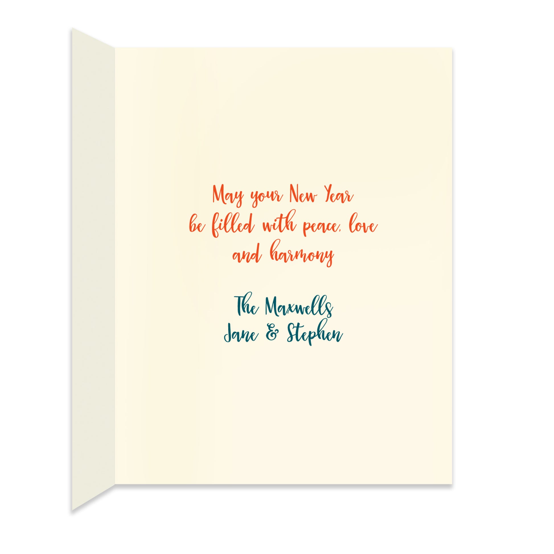Inside of folded holiday card with personal greeting in colors that coordinate with the design on the front of the card.