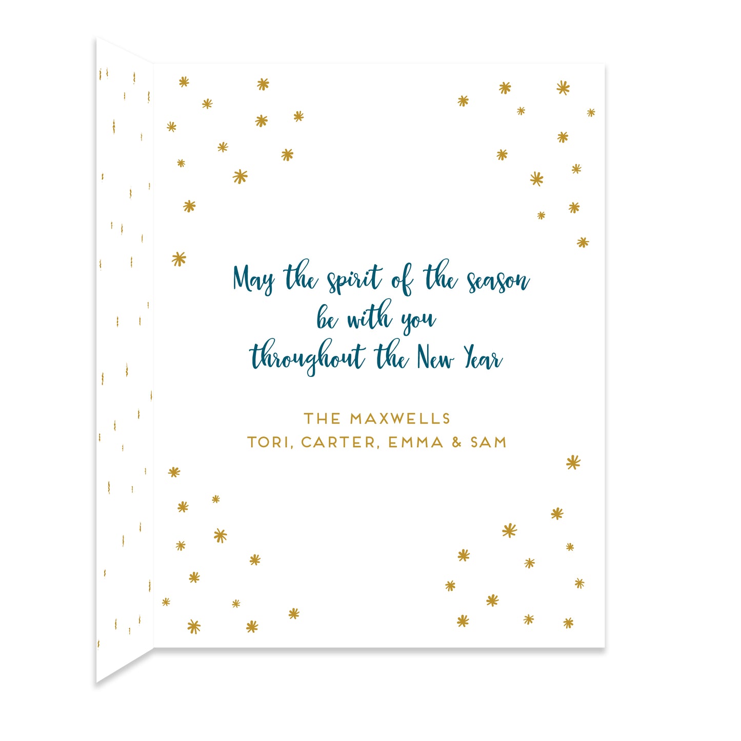 Inside of folded paper holiday card with coordinating gold star design and a personal greeting.