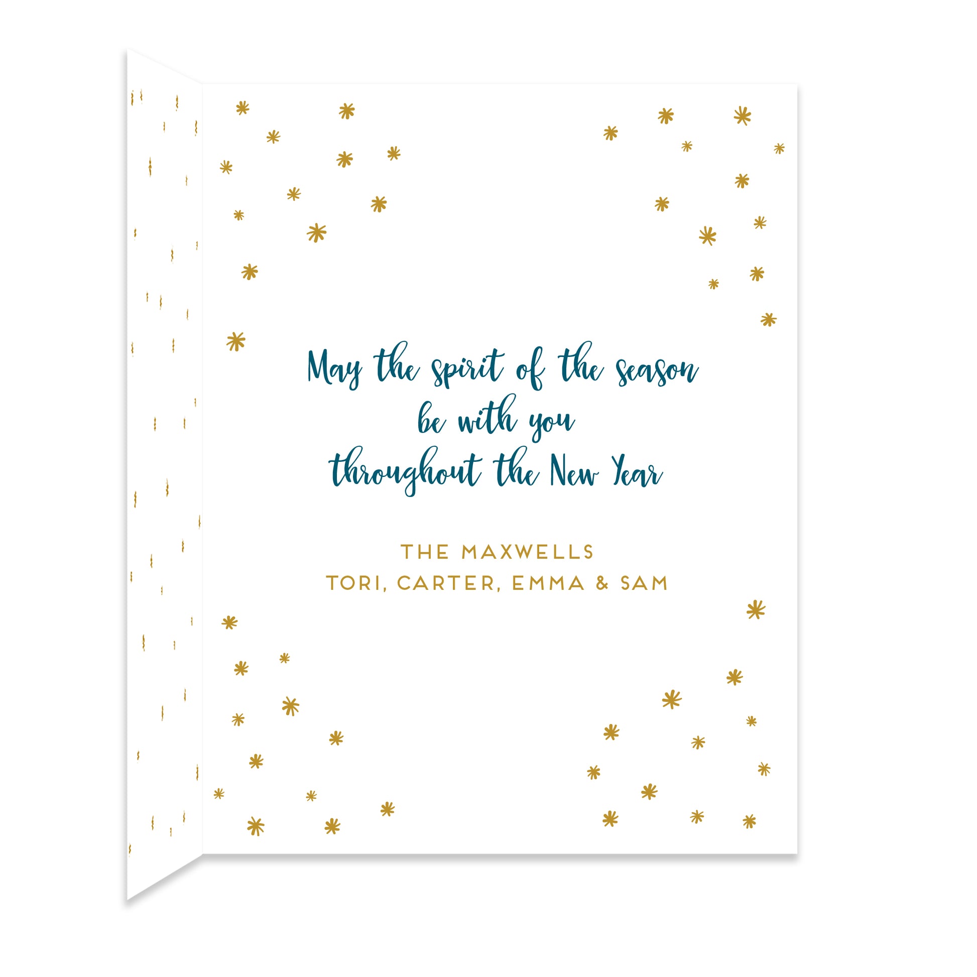 Inside of folded paper holiday card with coordinating gold star design and a personal greeting.