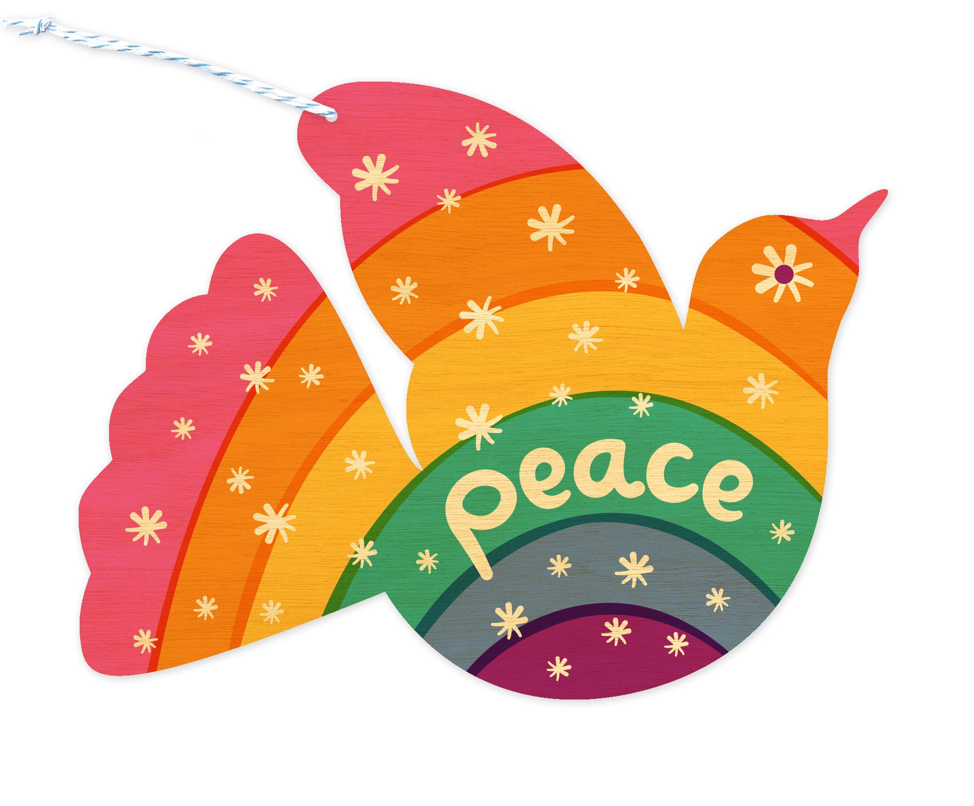 Front of dove-shaped wood personalized holiday ornament card with 'Peace' text and a star pattern on a pastel rainbow background.