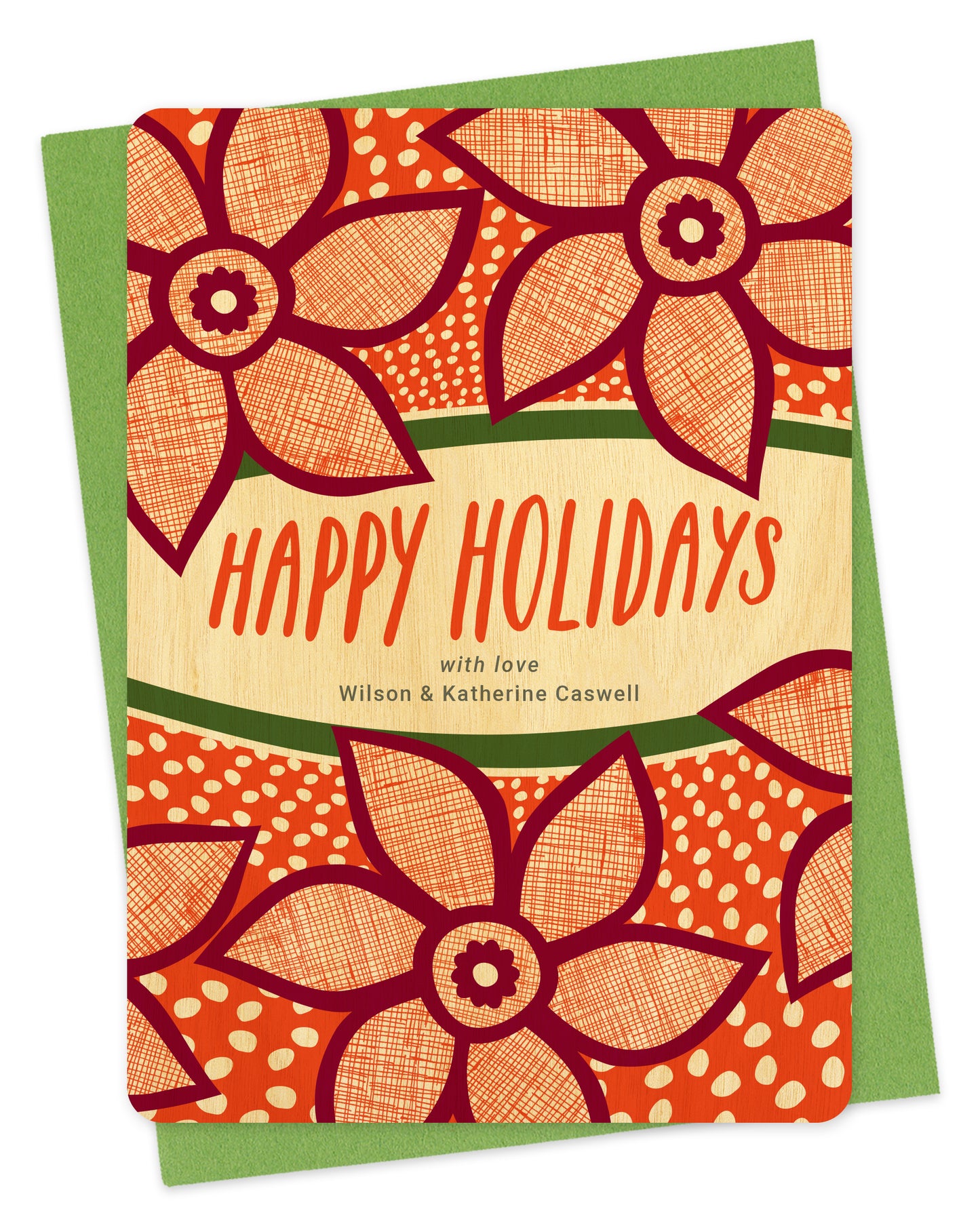Customizable birch wood holiday card with red poinsettias, “Happy Holidays” text and a personal message on a speckled red background. Shown with a green envelope.