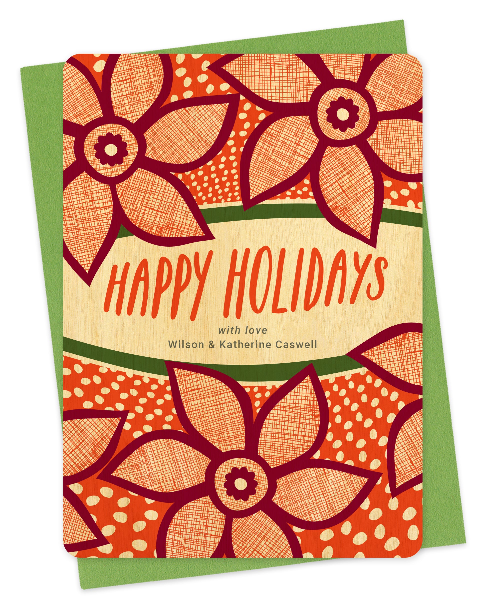 Customizable birch wood holiday card with red poinsettias, “Happy Holidays” text and a personal message on a speckled red background. Shown with a green envelope.