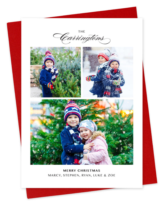 Customizable paper holiday card showcasing 3 photos with a script family name at the top and personal greeting at the bottom, all on a white background. Pictured with a red envelope. 