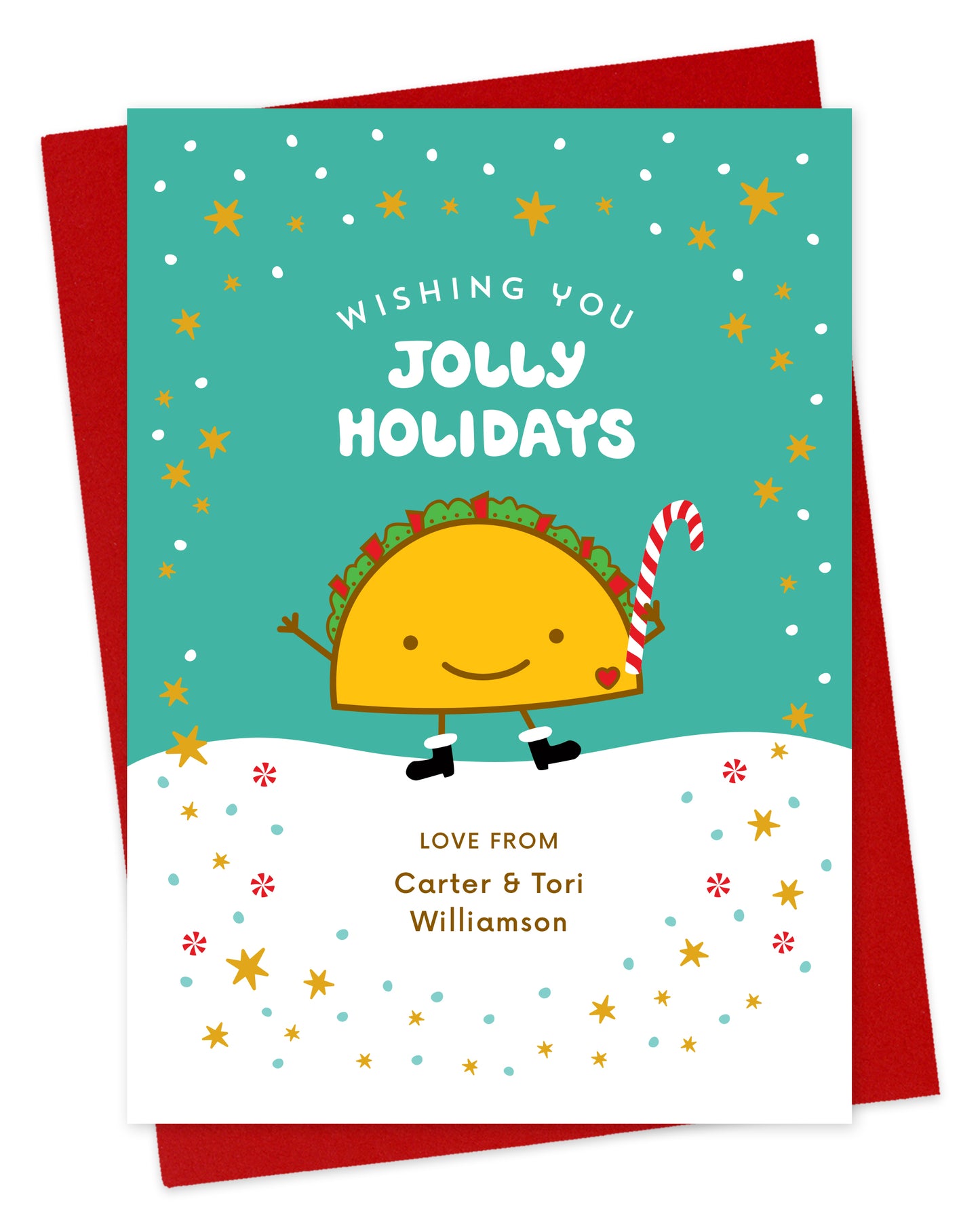 Customizable paper holiday card featuring a happy taco in front of a festive winter backdrop, a "Wishing You Jolly Holidays" sentiment and a personal greeting. Shown with a red envelope.