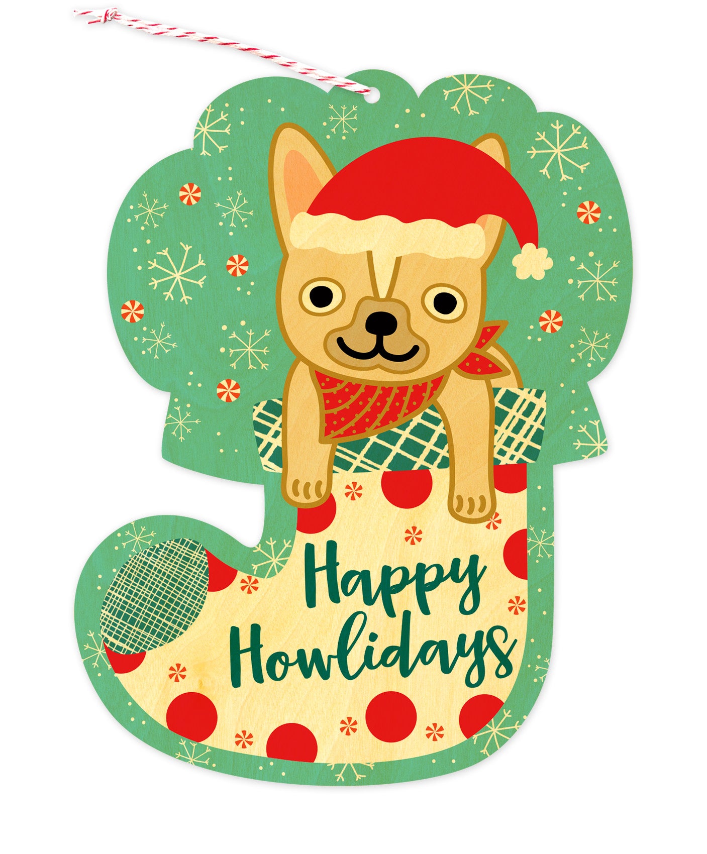 Front of die-cut wood holiday ornament card featuring a dog in a festive stocking with "Happy Howlidays" text.