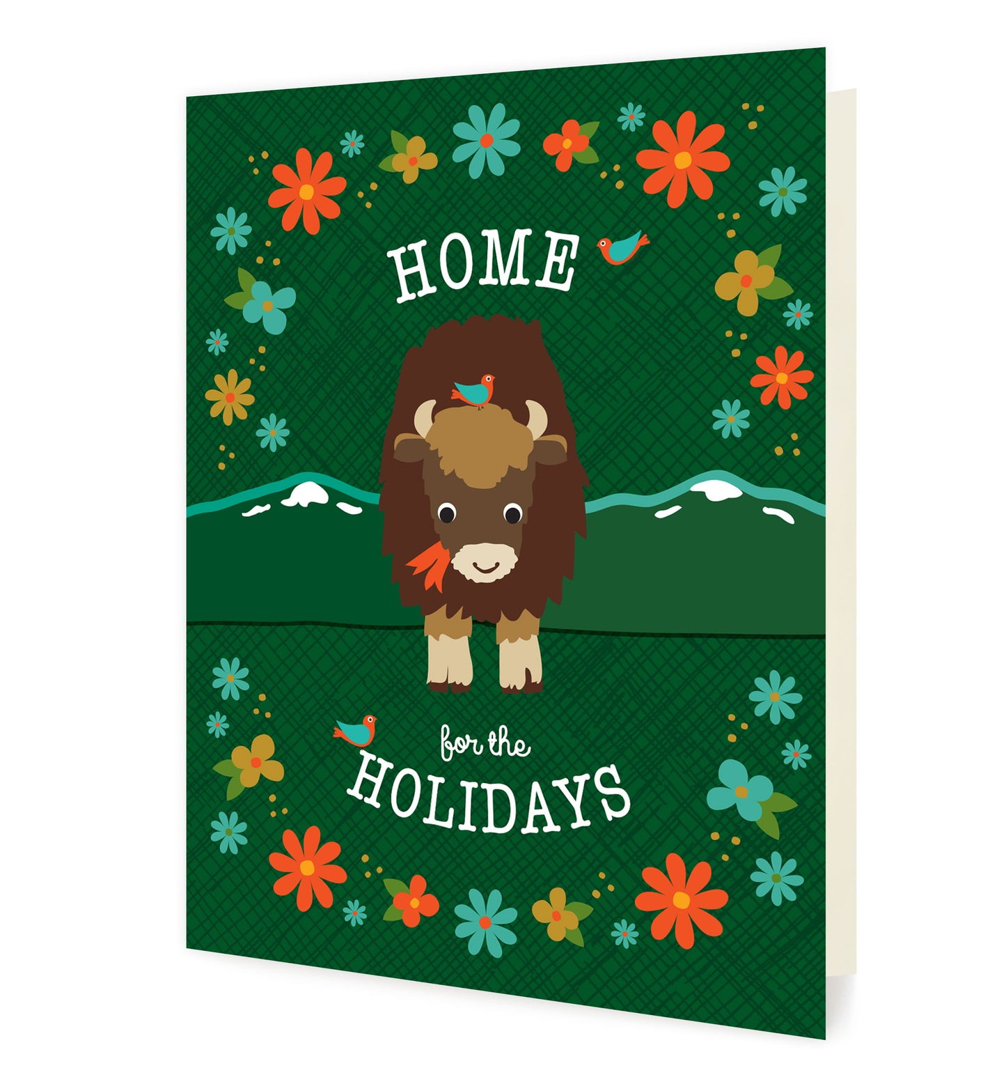 Front of folded holiday card featuring a festive bison surrounded by colorful florals on a green crosshatch background with the message “Home for the Holidays.”