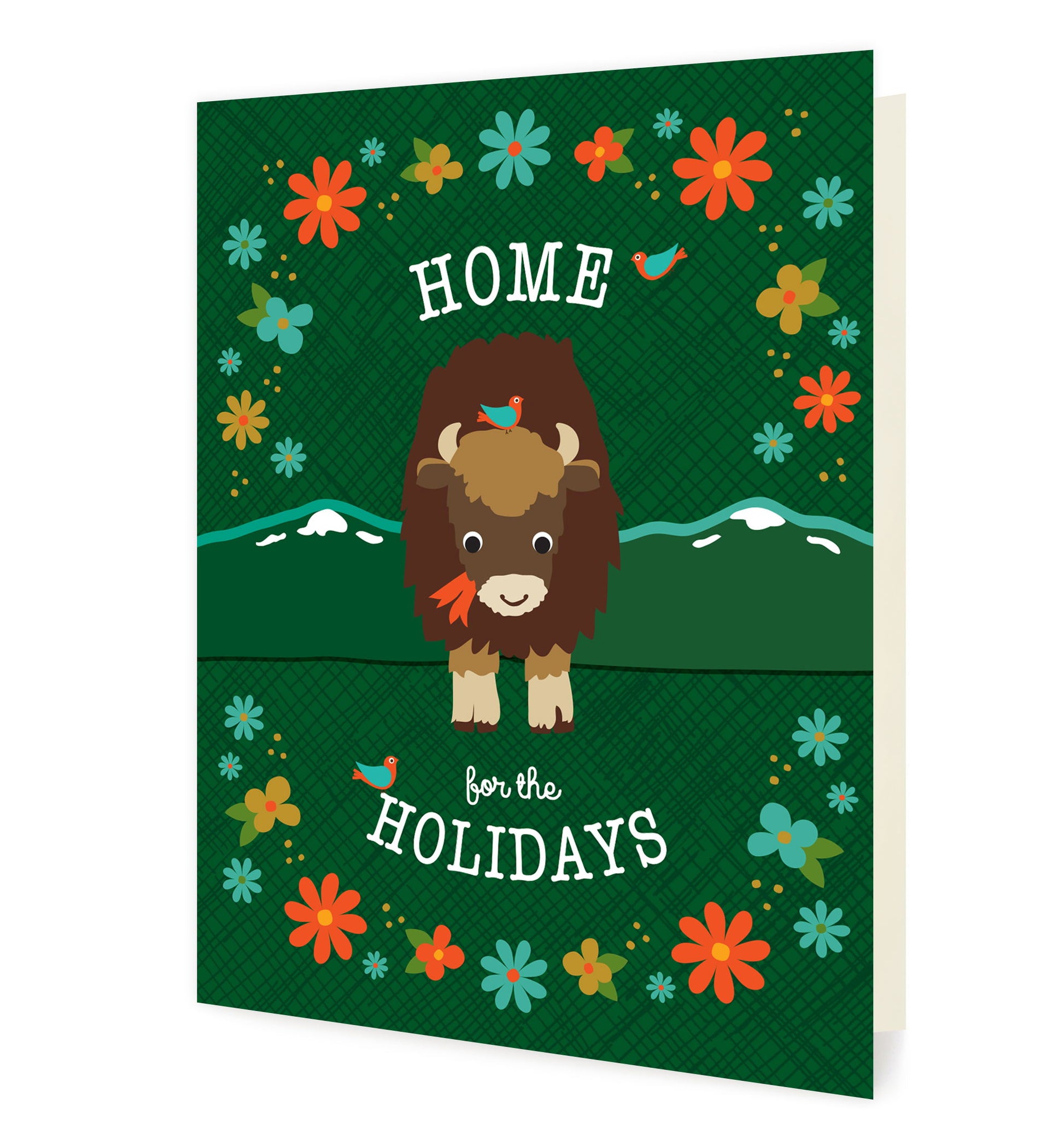 Front of folded holiday card featuring a festive bison surrounded by colorful florals on a green crosshatch background with the message “Home for the Holidays.”