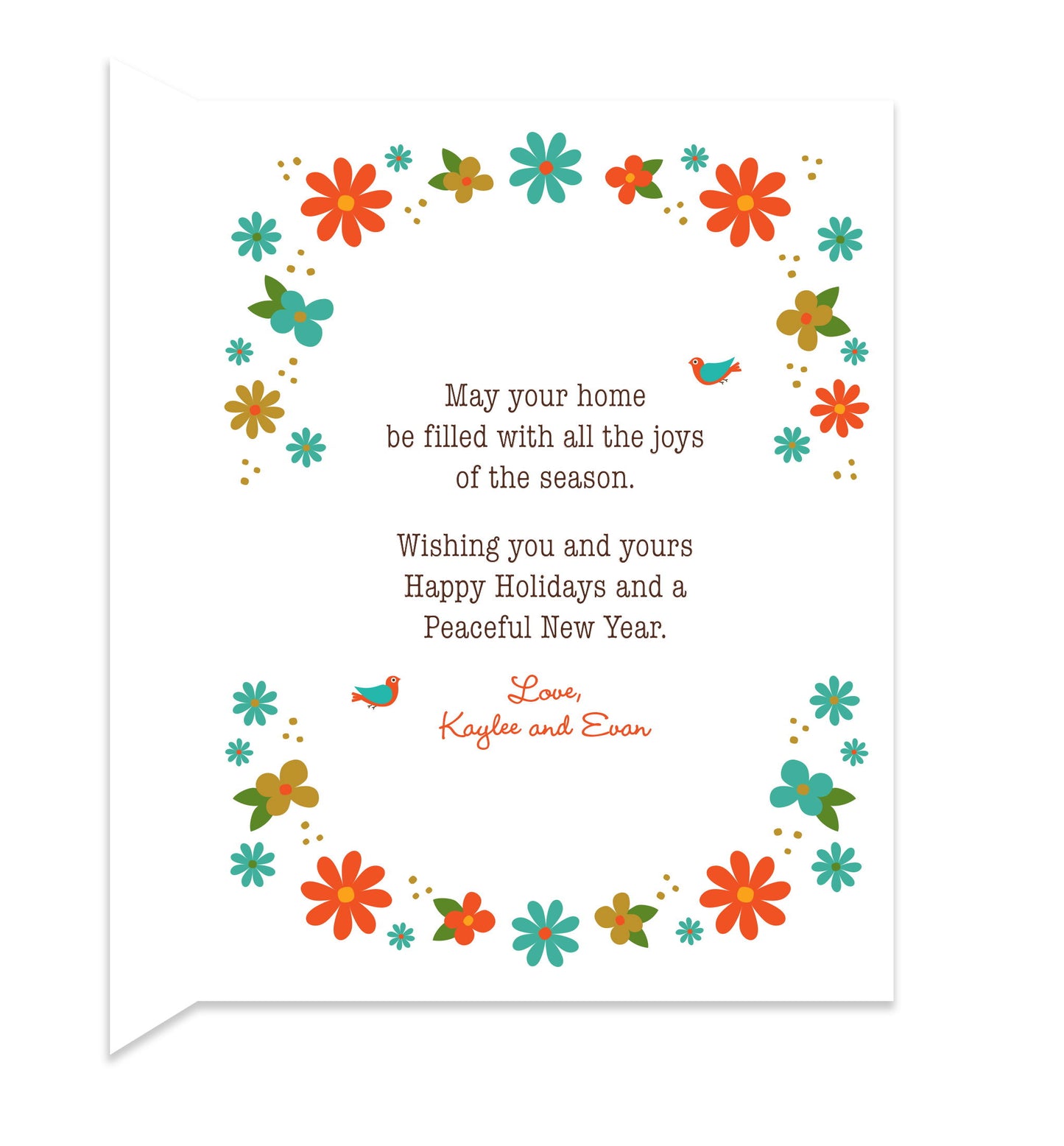 Inside of folded holiday card with coordinating floral design and a personal message.