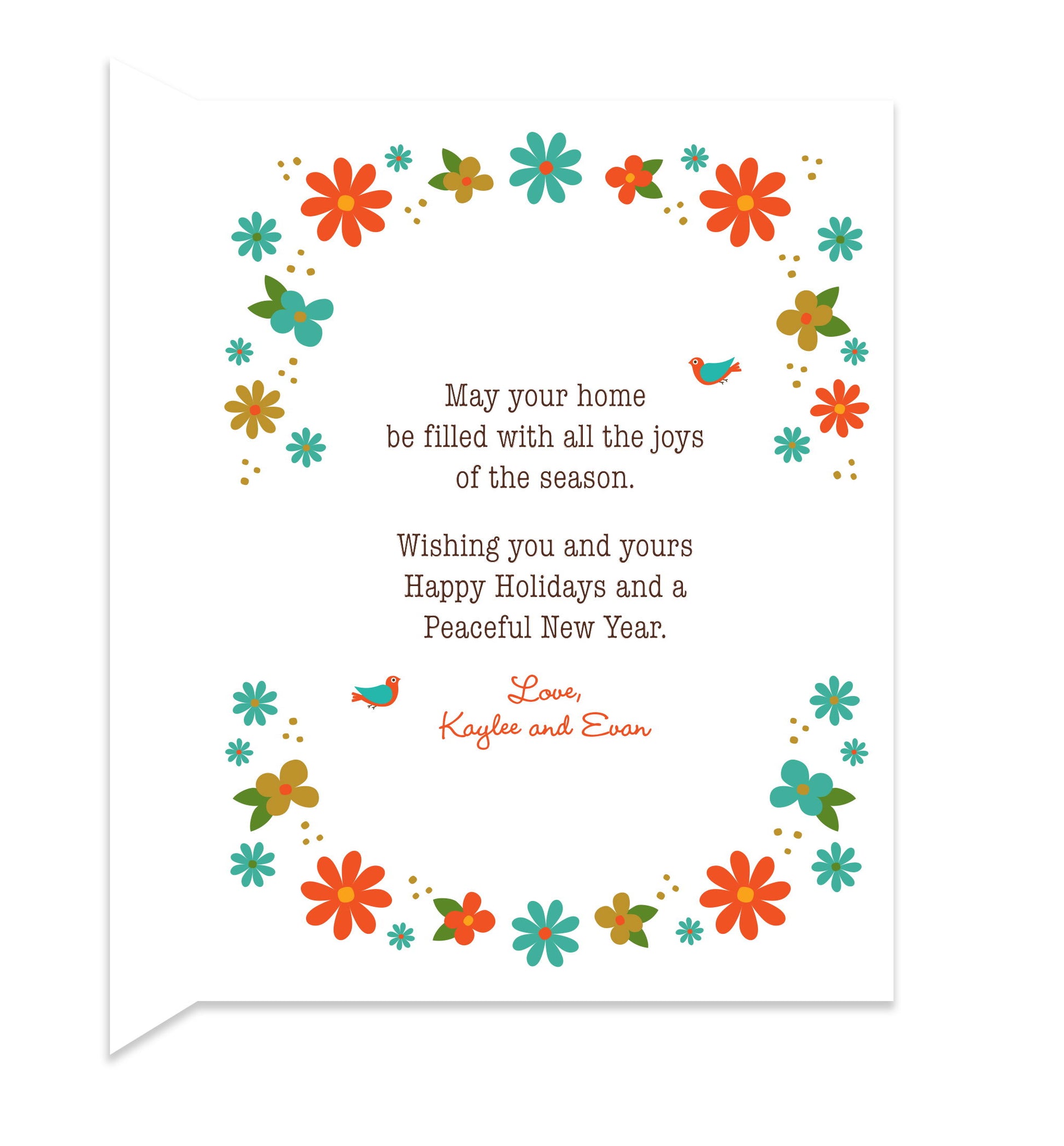 Inside of folded holiday card with coordinating floral design and a personal message.
