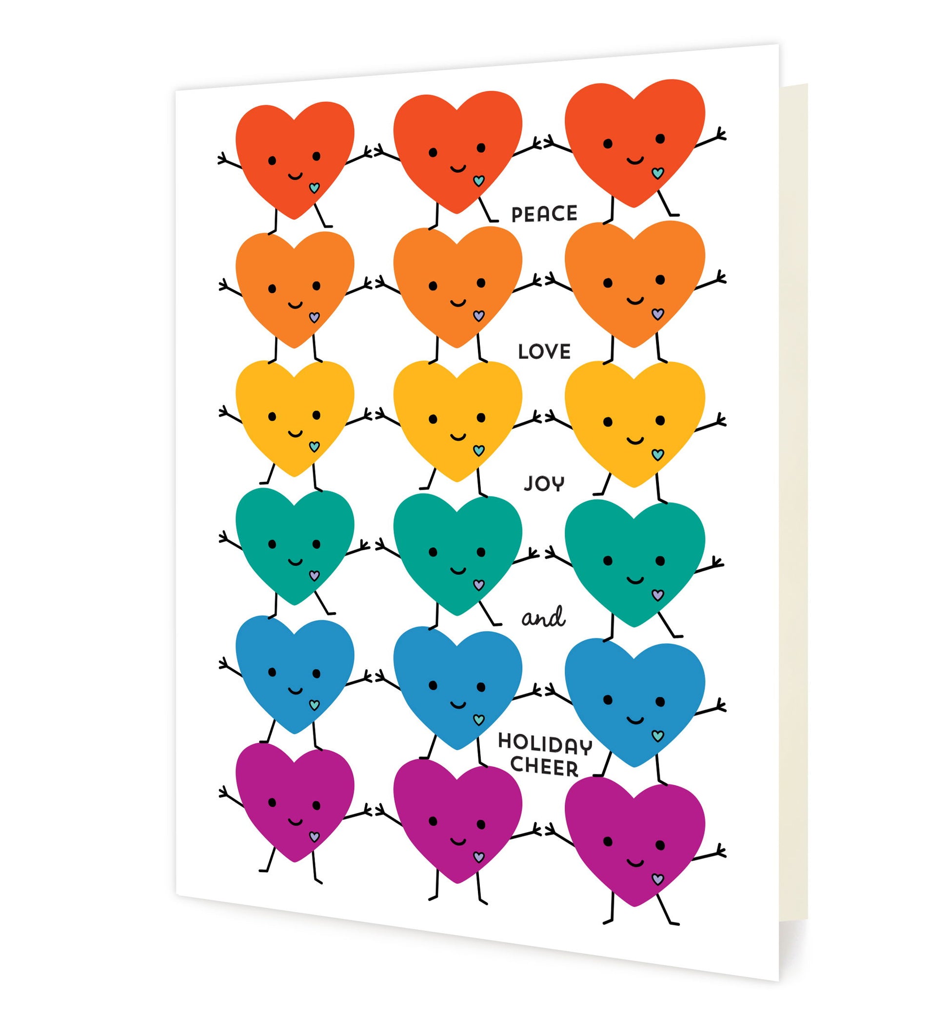 Front of folded holiday card featuring cheerful rainbow hearts on a white background with the message “Peace Love Joy and Holiday Cheer.”