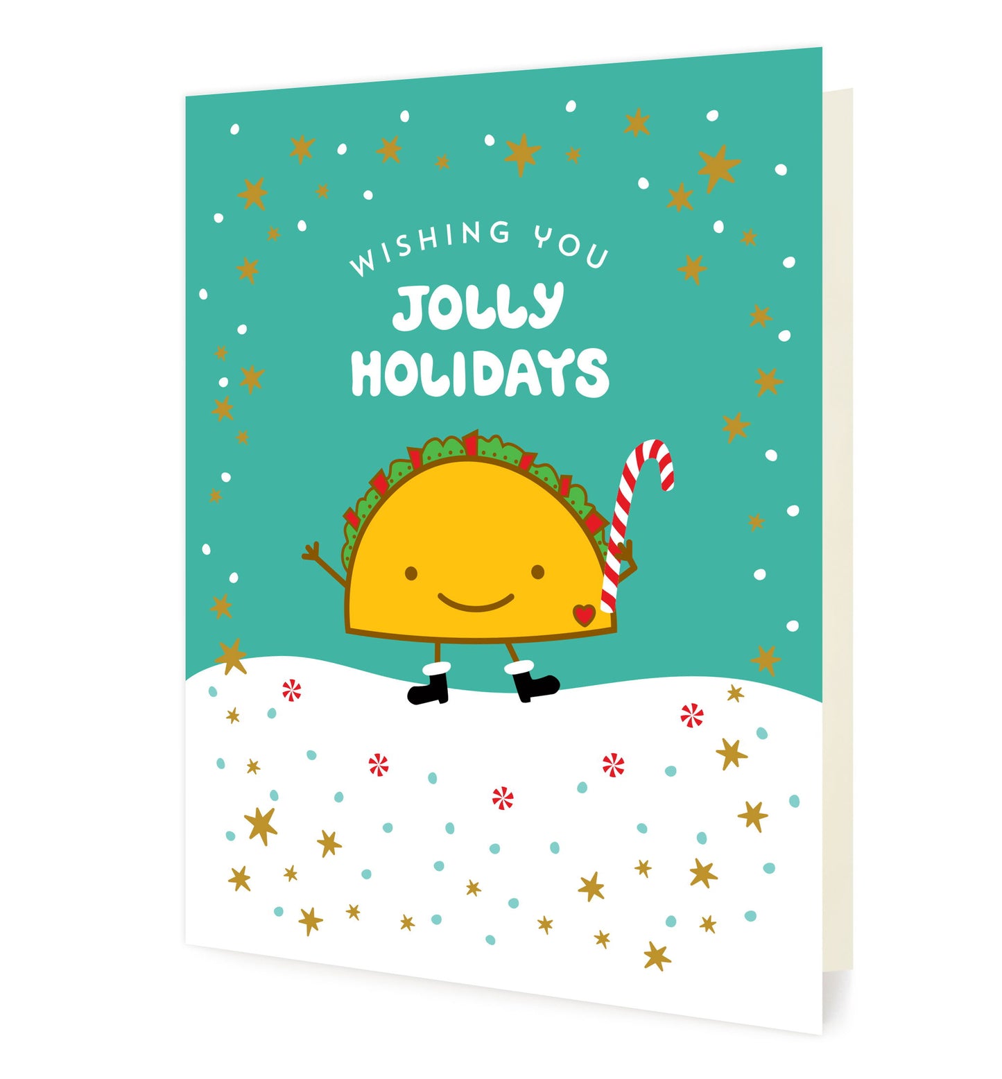 Front of folded holiday card featuring a cheerful taco holding a candy cane against a snowy, starry background with “Wishing You Jolly Holidays” text.