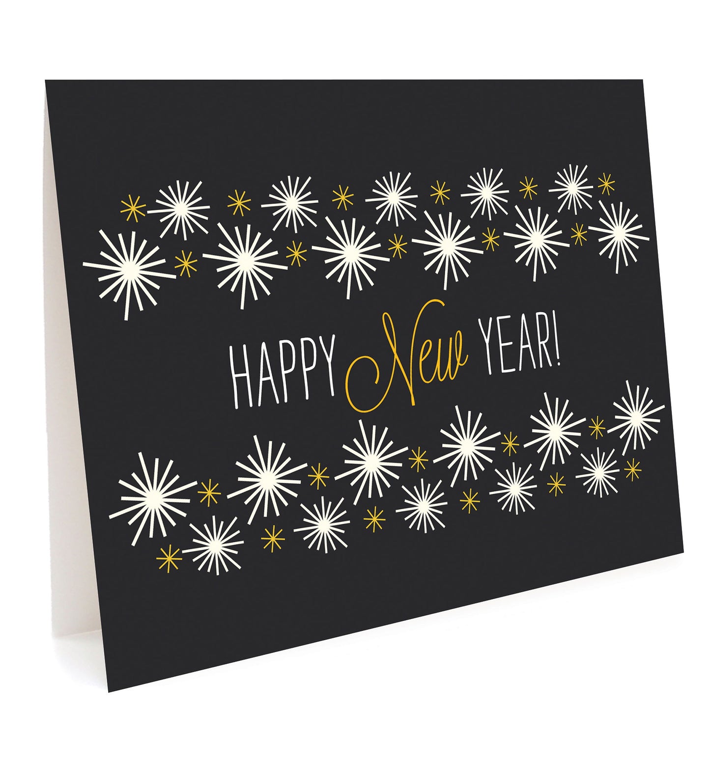 Front of folded holiday card featuring a bold black background with festive white and gold starbursts and "Happy New Year" text.