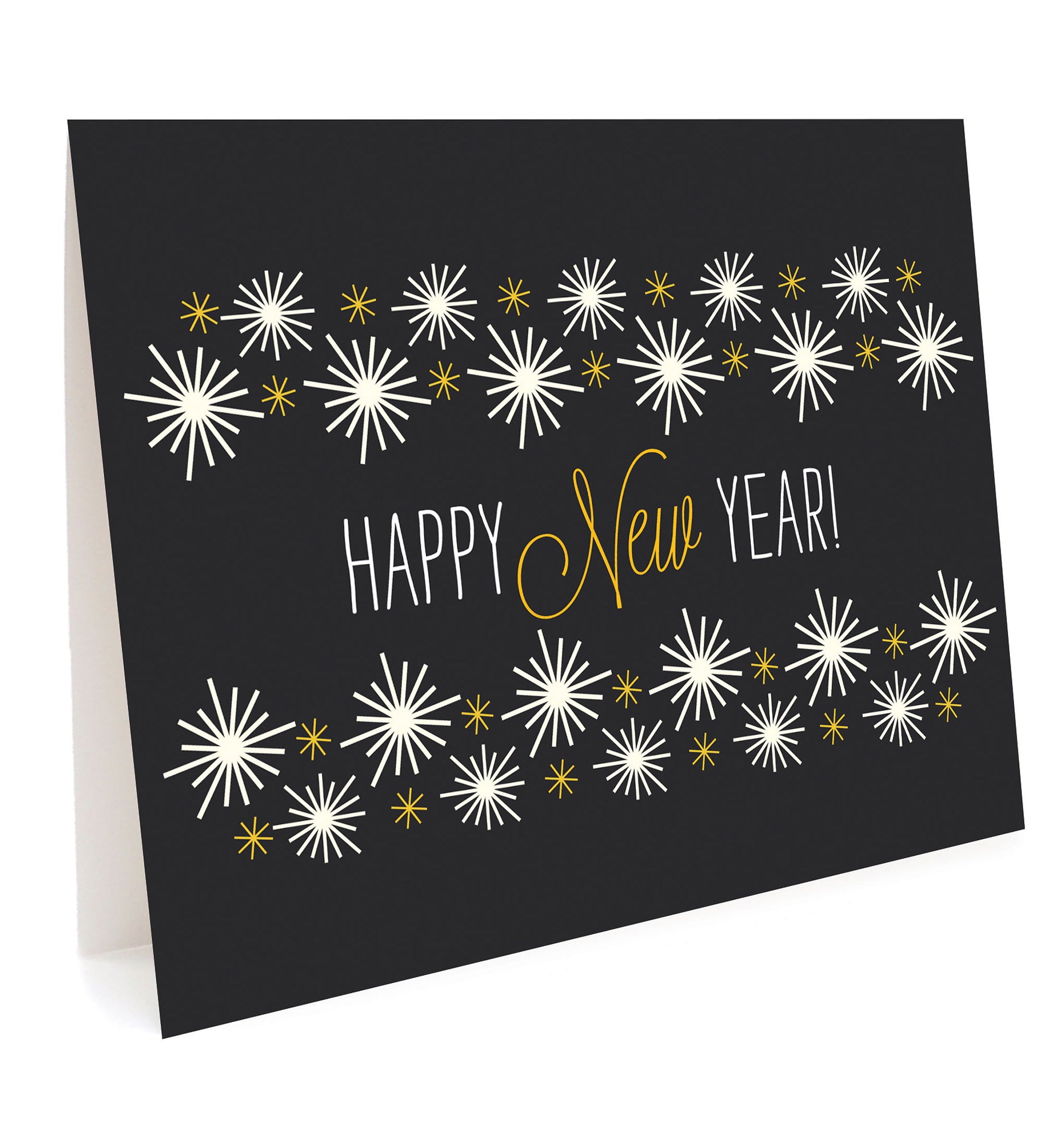 Front of folded holiday card featuring a bold black background with festive white and gold starbursts and "Happy New Year" text.