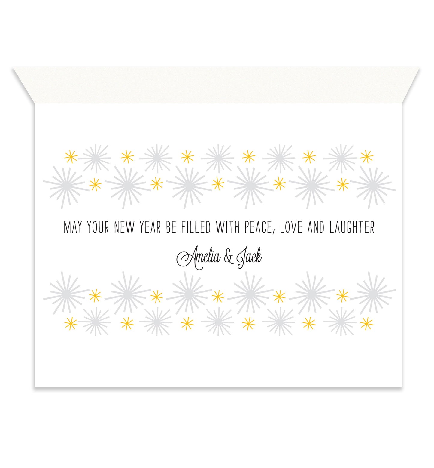 Inside of folded new year card with coordinating gold and grey starbursts and a personal greeting.