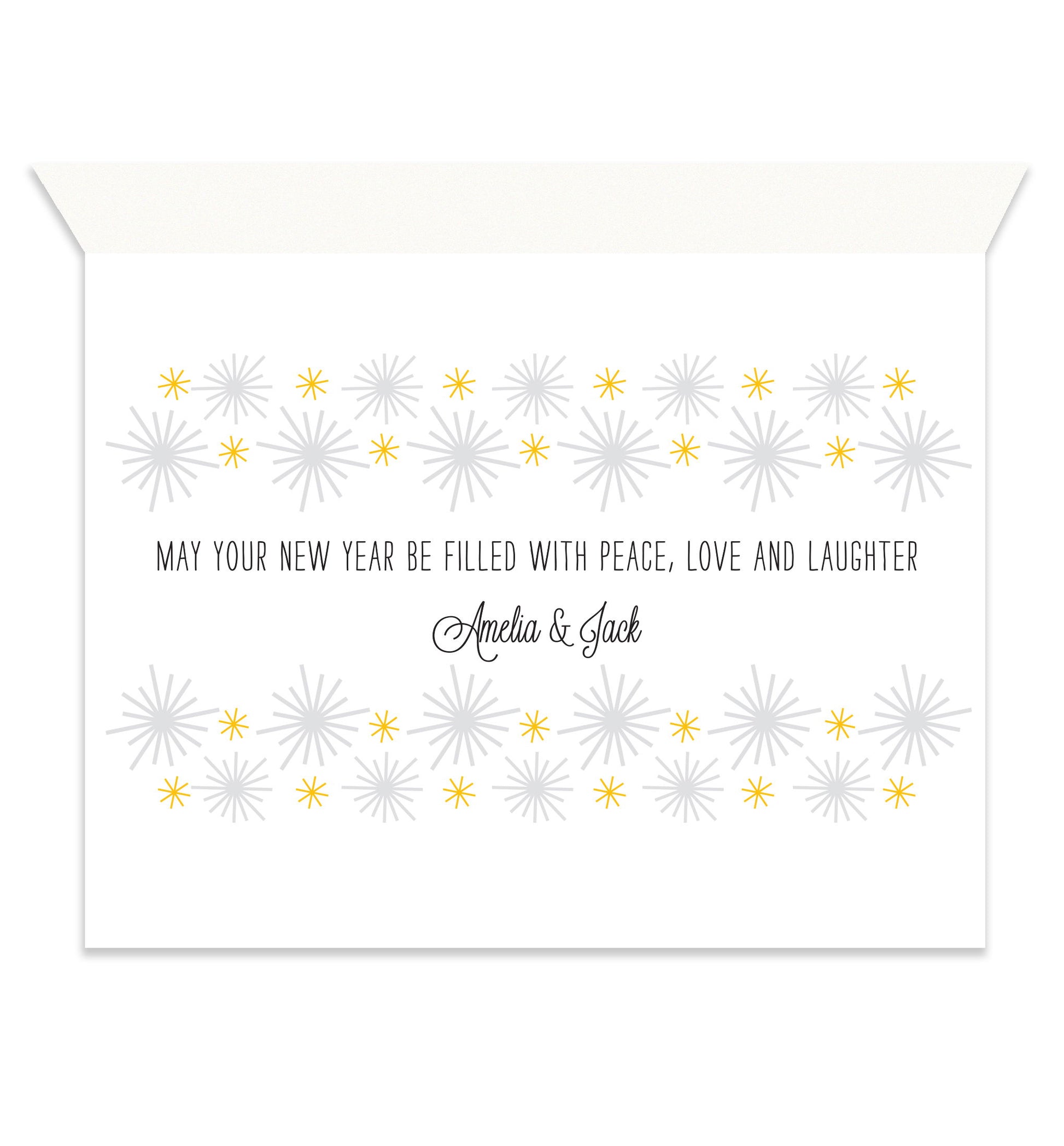 Inside of folded new year card with coordinating gold and grey starbursts and a personal greeting.