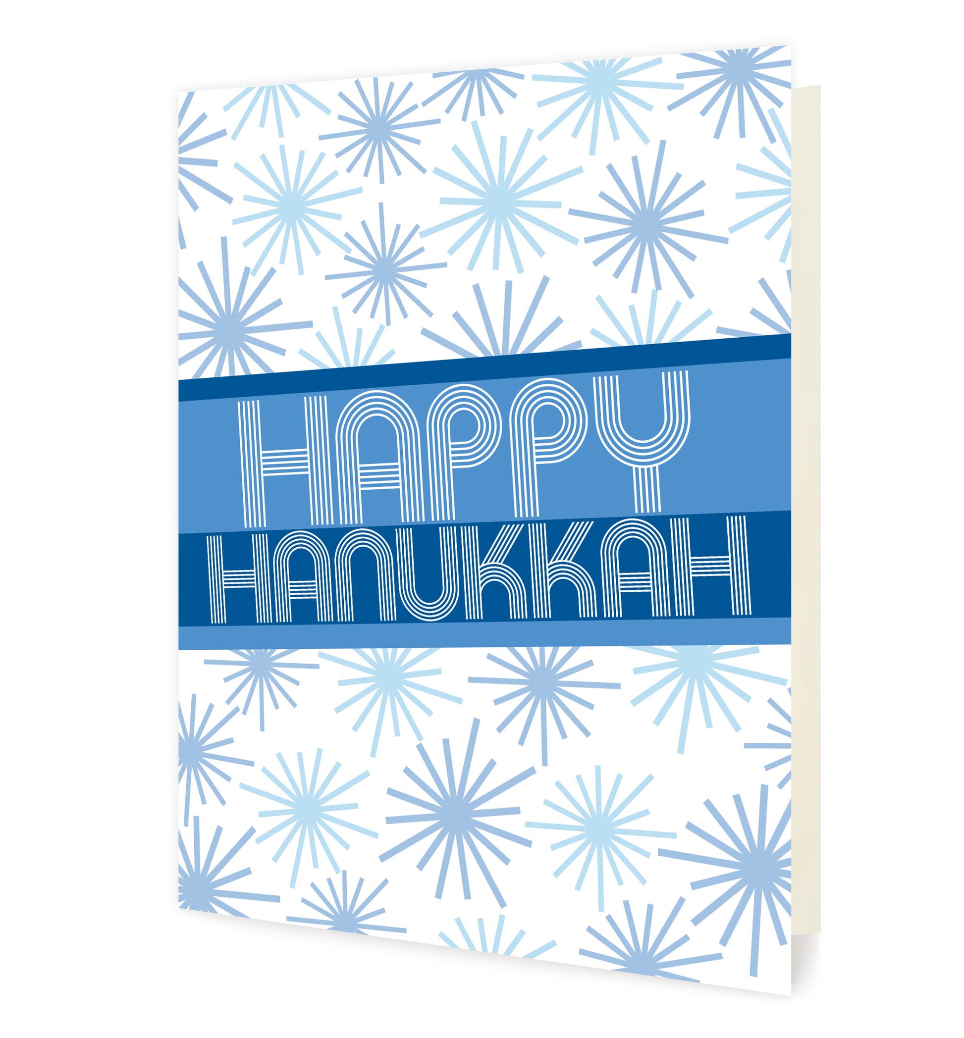 Front of folded holiday card featuring blue snowflakes on a white background with a bold “Happy Hanukkah" greeting. 