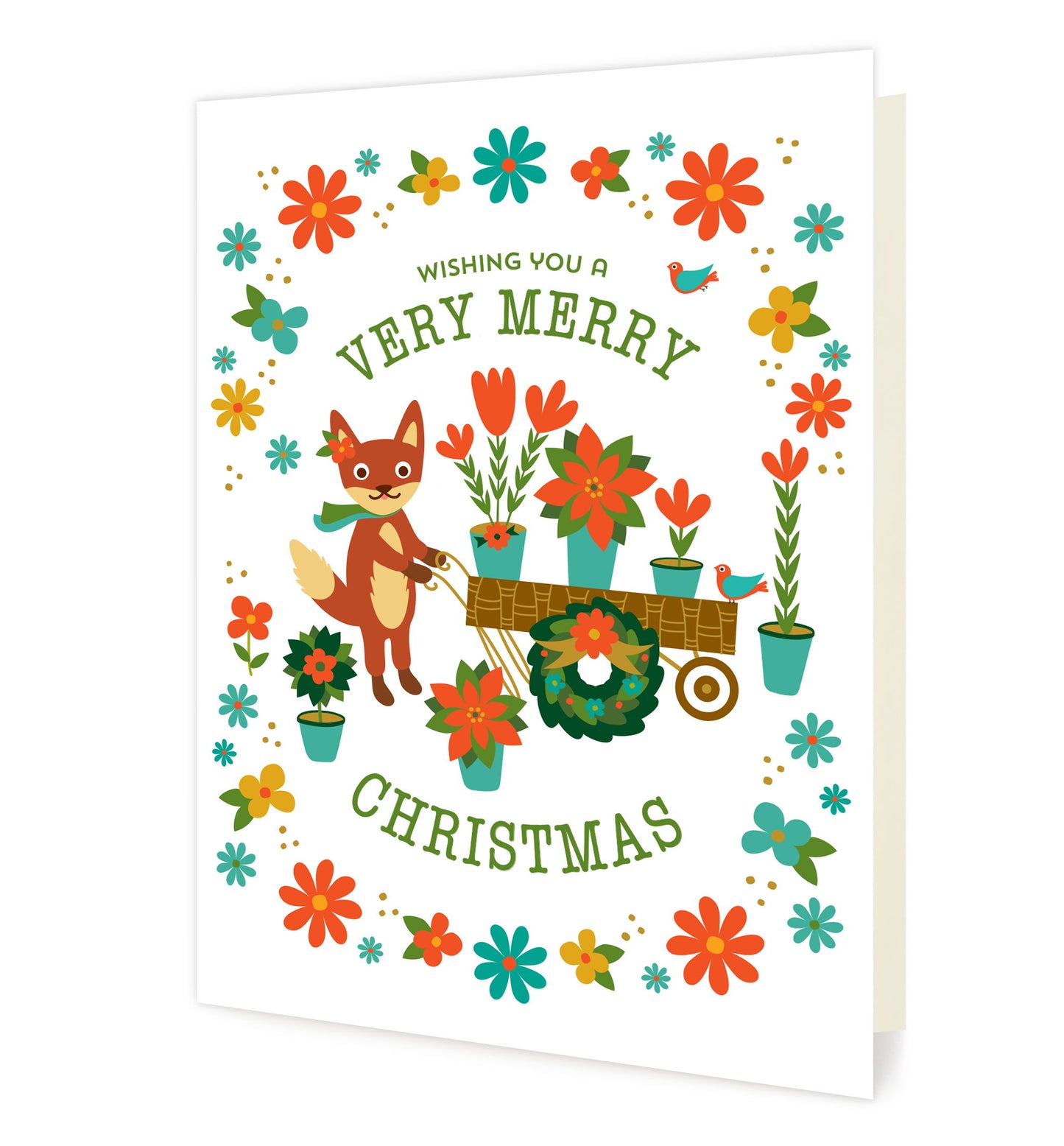 Front of folded holiday card featuring a cute illustrated fox pushing a flower cart surrounded by colorful holiday florals and the message “Wishing You a Very Merry Christmas.