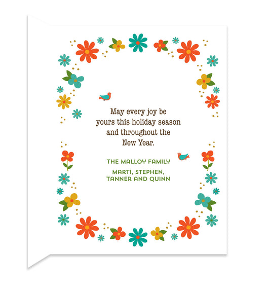 Inside of folded holiday card with coordinating floral design and a personal greeting.