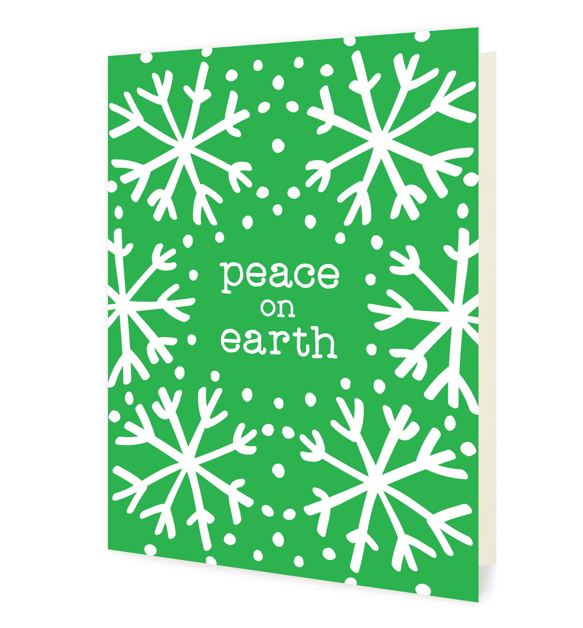 Front of folded holiday card featuring bright white snowflakes on a vibrant green background with “Peace on Earth” text.