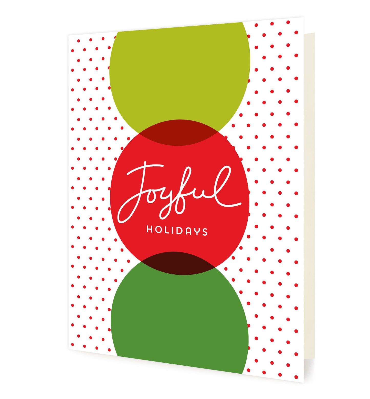 Front of folded holiday card featuring 1 large red and 2 large green dots with a “Joyful Holidays" greeting in the red dot. Background is white with small red dots.