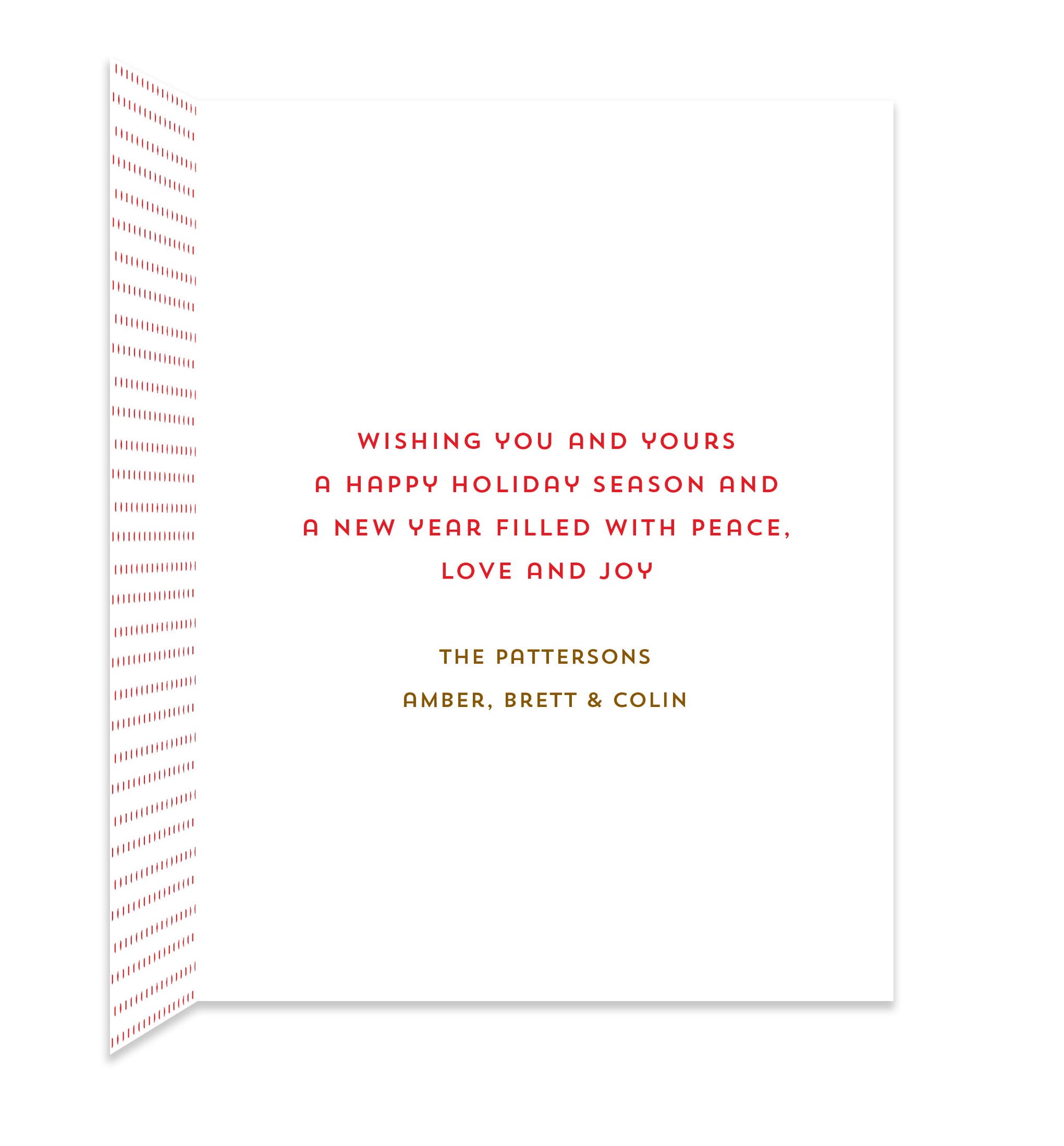 Inside of folded holiday card with coordinating small red dots and a personal greeting.