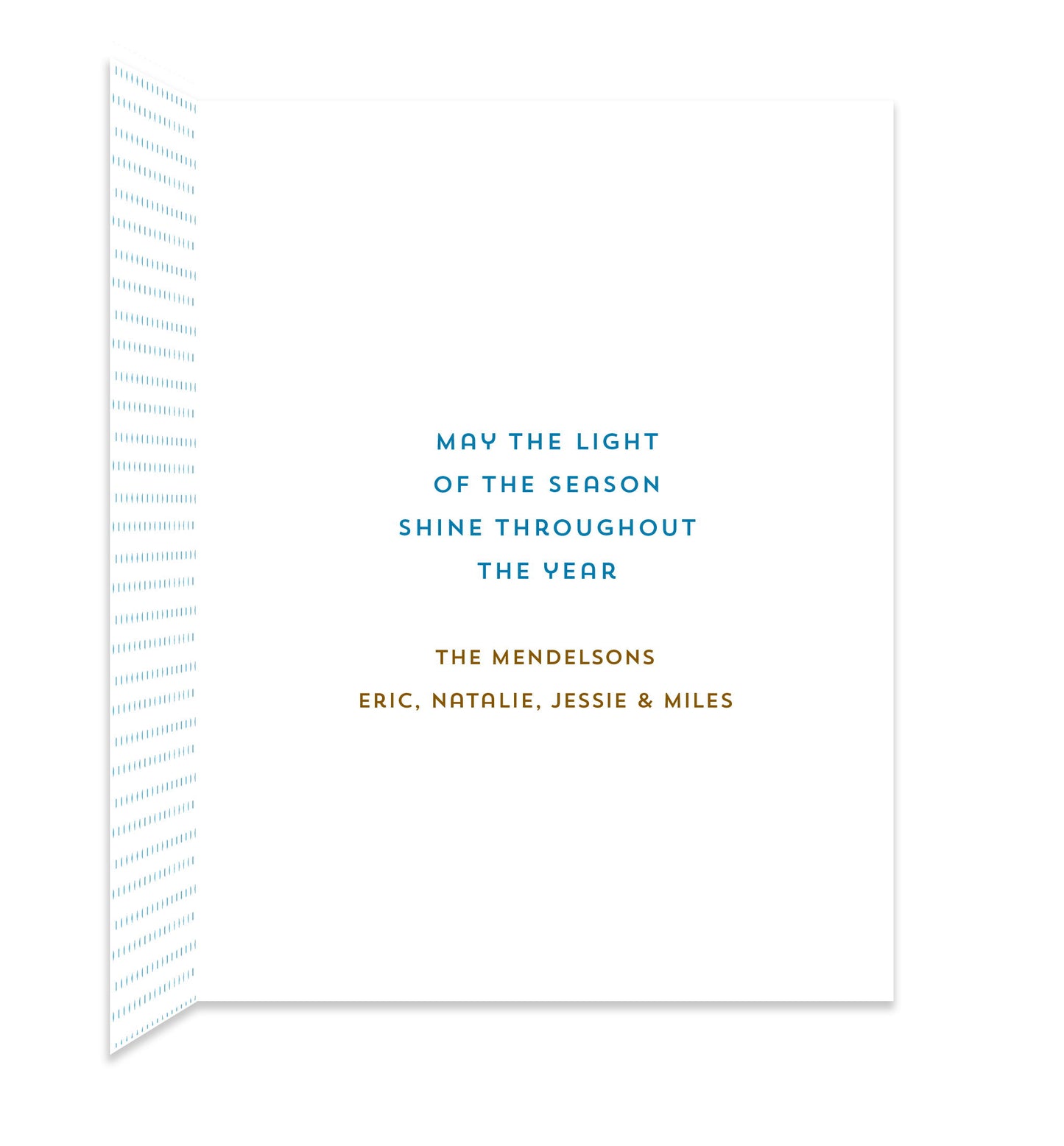Inside of folded holiday card with coordinating small blue dots and a personal greeting.