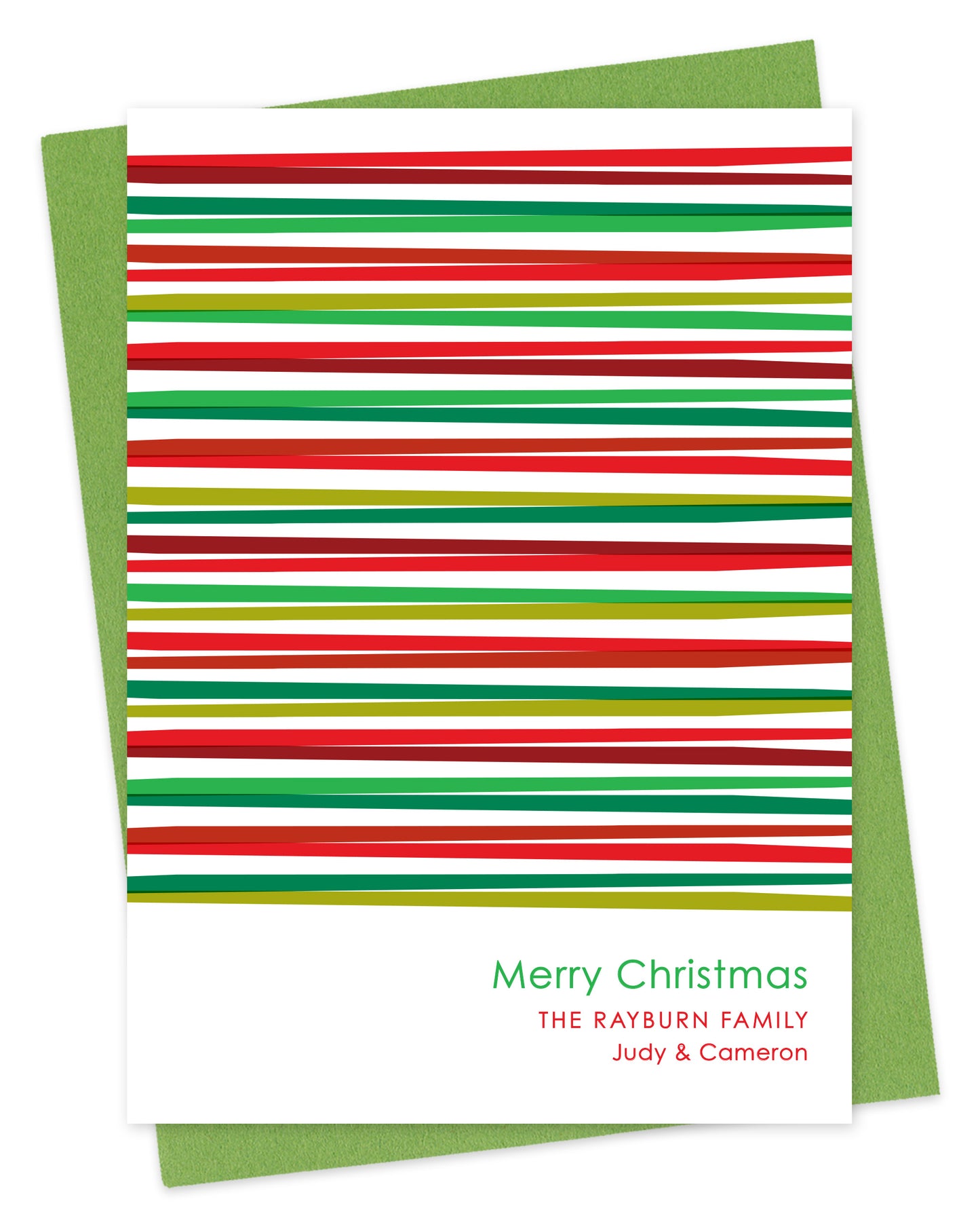 Customizable paper Christmas card with horizontal stripes in various shades of red and green and a personal greeting on a white background. Shown with a green envelope.