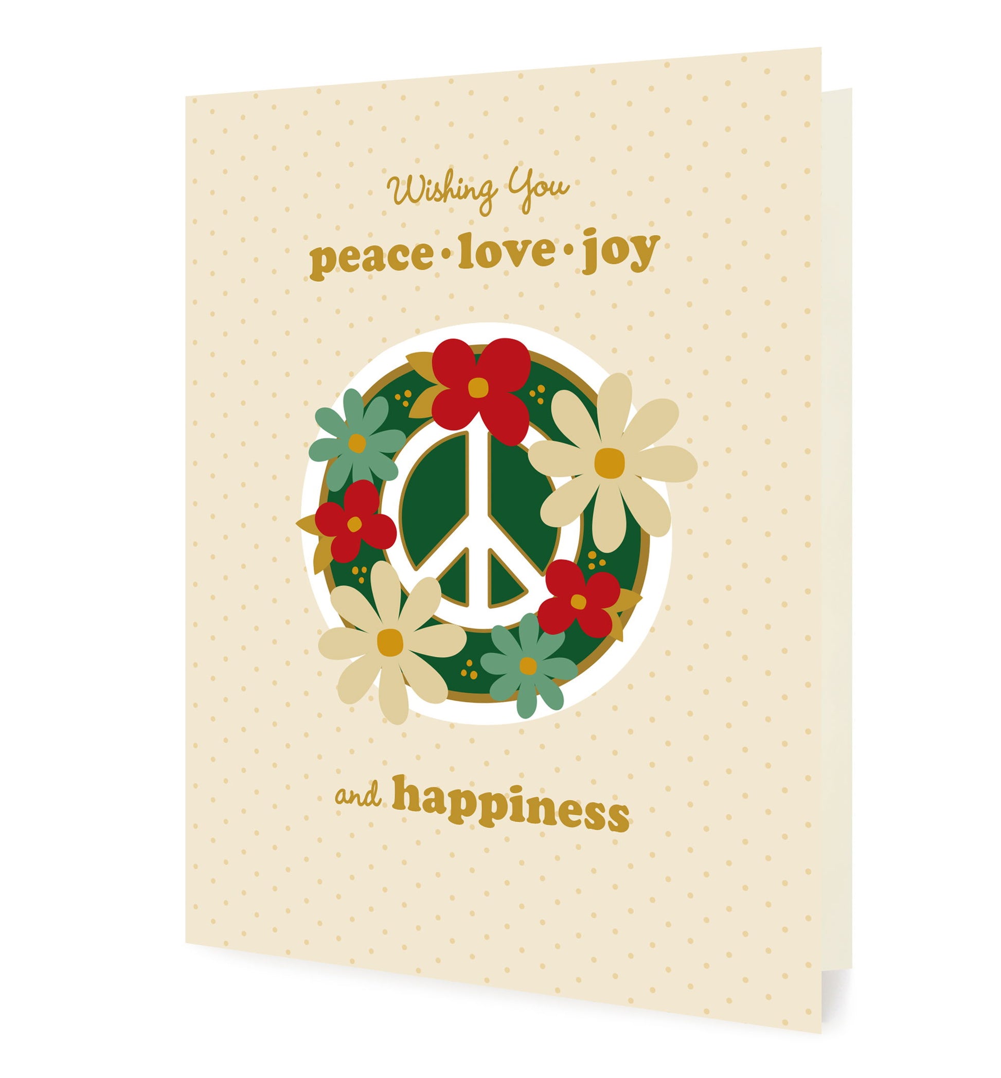 Front of folded holiday card featuring a peace sign adorned with flowers and heartfelt “Wishing you peace, love, joy and happiness” greeting on a speckled cream background. 