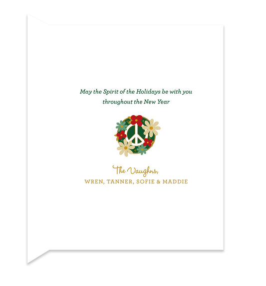 Inside of folded holiday card with coordinating floral peace sign and personal message.