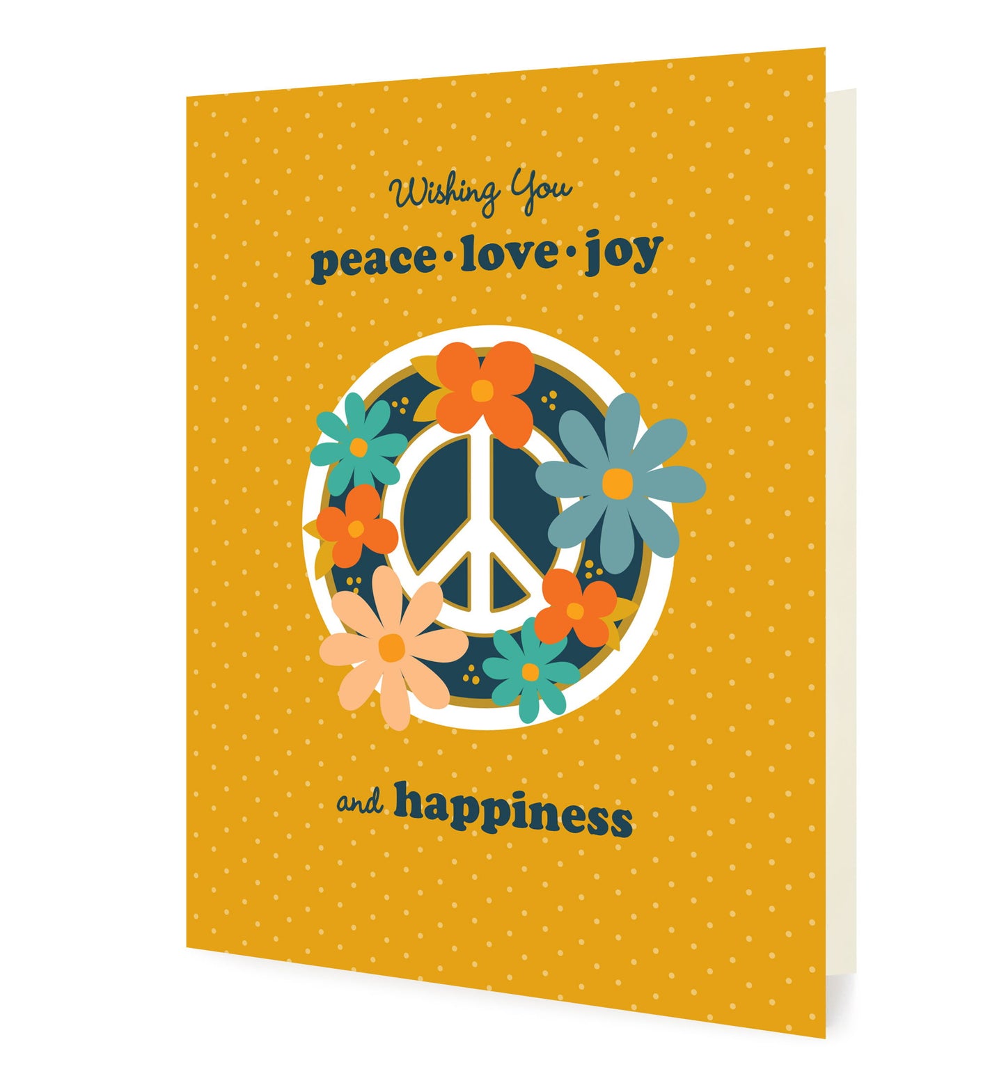 Front of folded holiday card featuring a peace sign adorned with flowers and heartfelt “Wishing you peace, love, joy and happiness” greeting on a speckled gold background. 