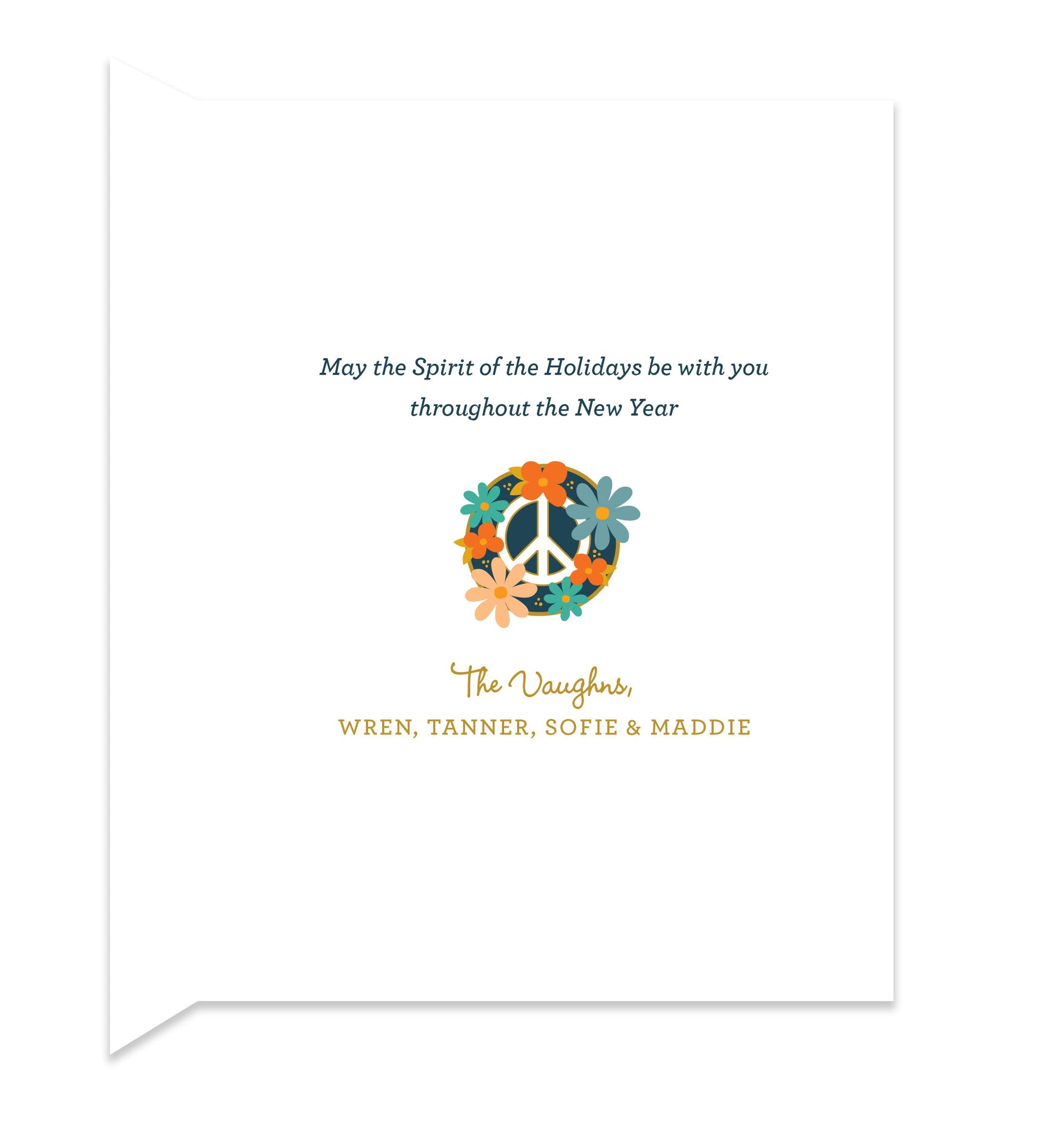 Inside of folded holiday card with coordinating floral peace sign and personal message.