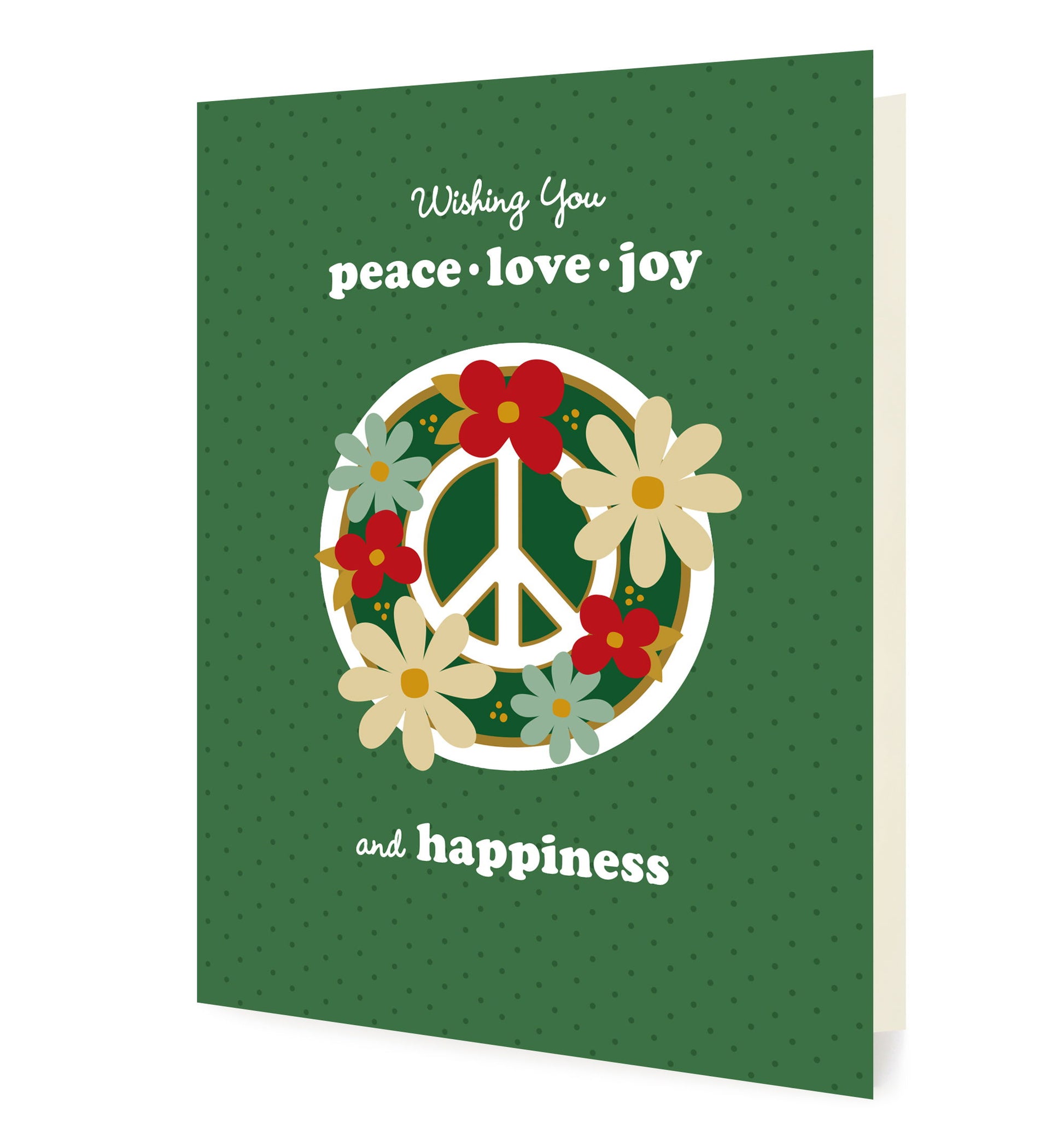 Front of folded holiday card featuring a peace sign adorned with flowers and heartfelt “Wishing you peace, love, joy and happiness” greeting on a speckled green background. 